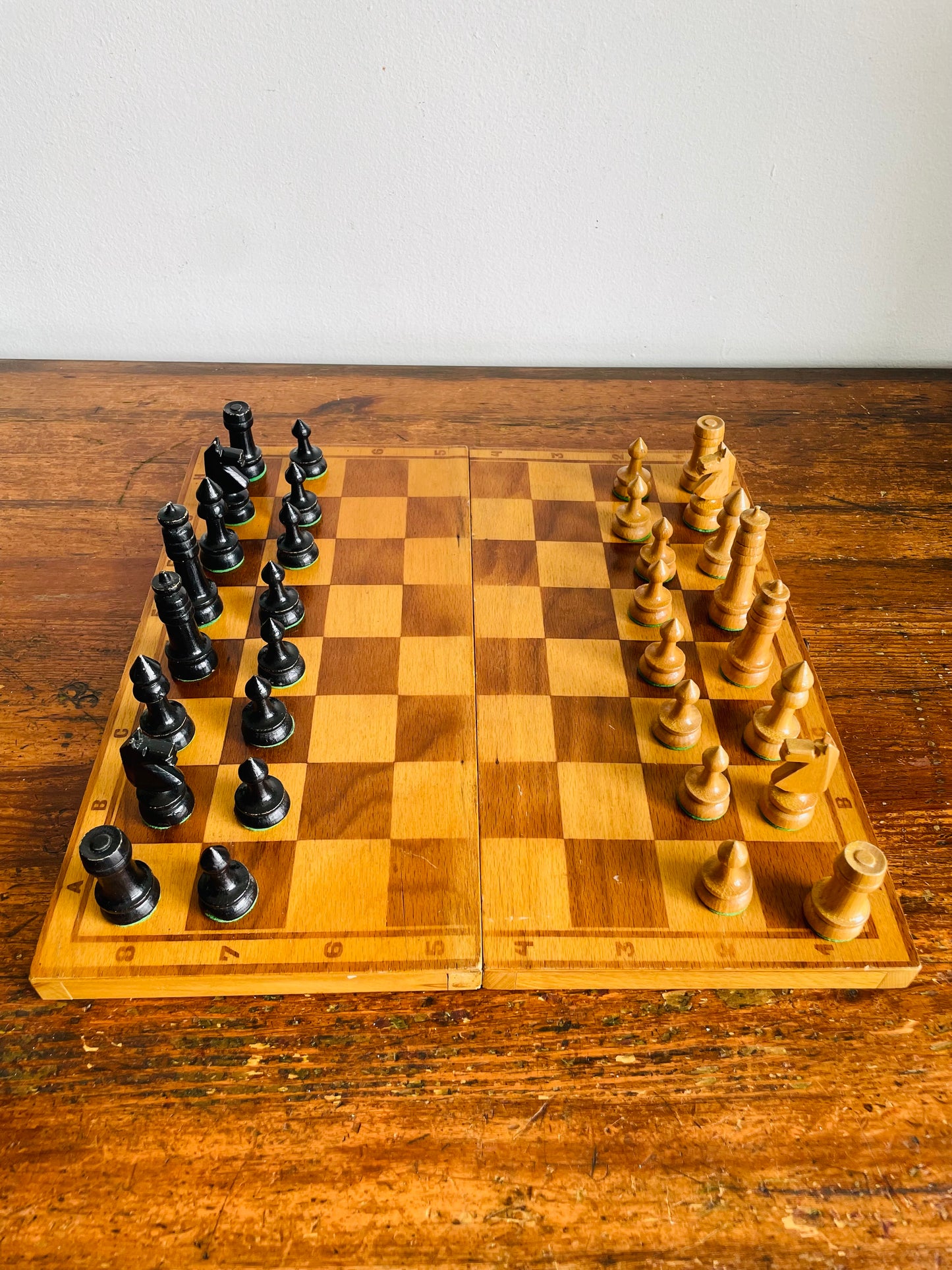 Vintage Hinged Folding Wood Chess Board Travel Case with Felt-Bottomed Wood Playing Pieces - Made in Poland