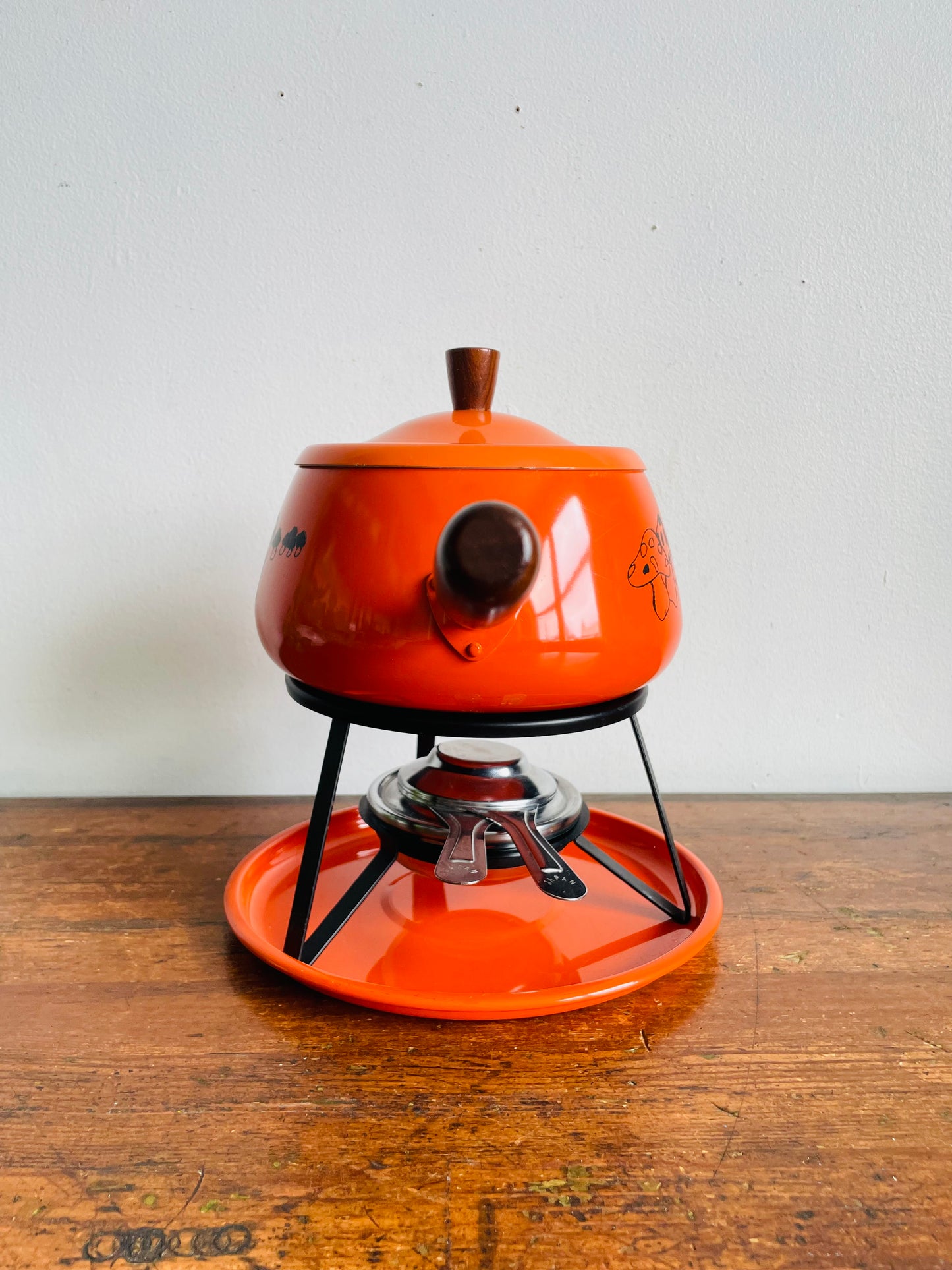 Vintage 1970s Groovy Bright Orange Fondue Pot Set with Mushroom Graphics - Made in Japan