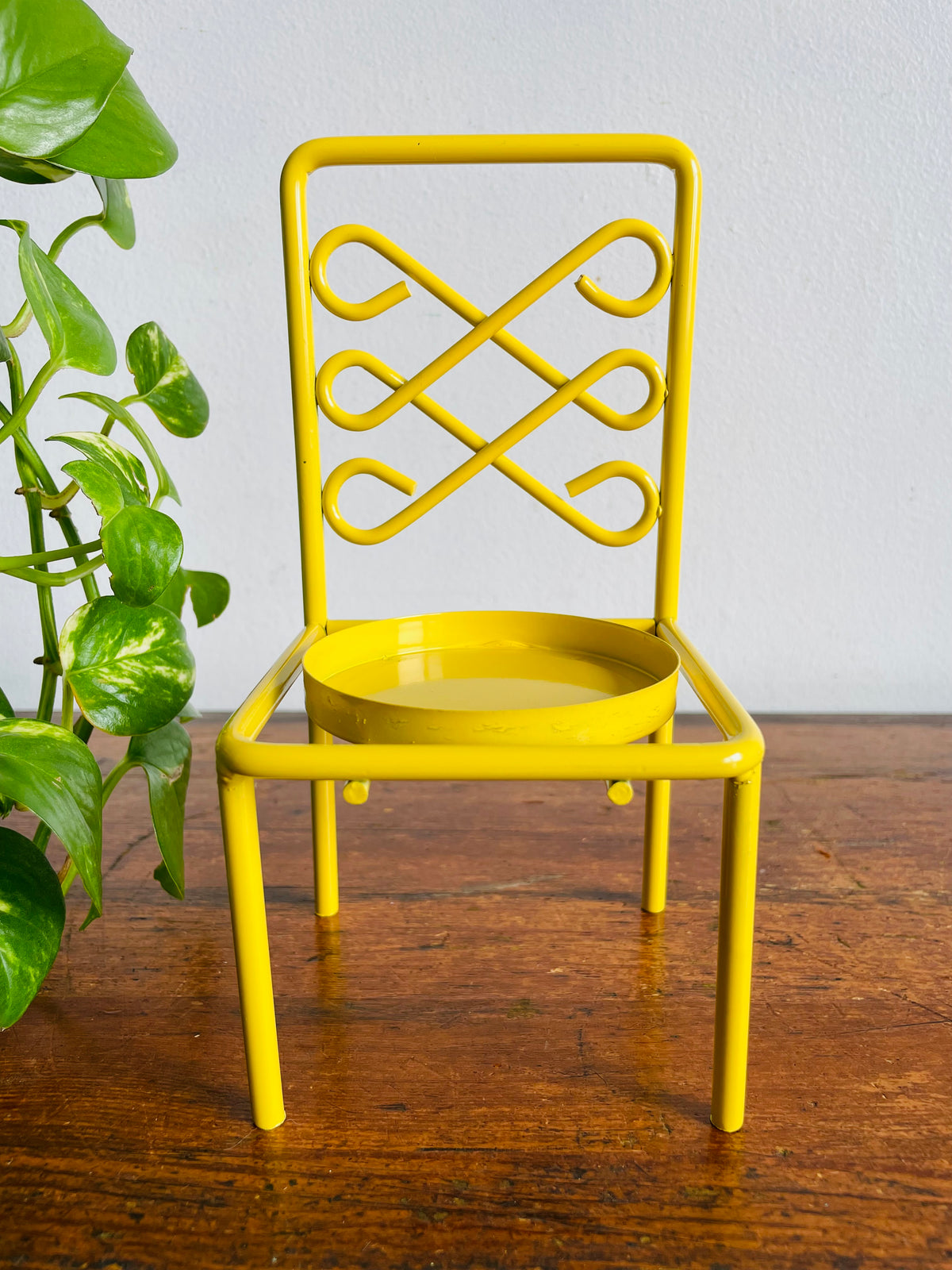 Vintage Bright & Cheerful Yellow Metal Candle Holder Chair or 3" Plant Pot Holder - Made in Taiwan
