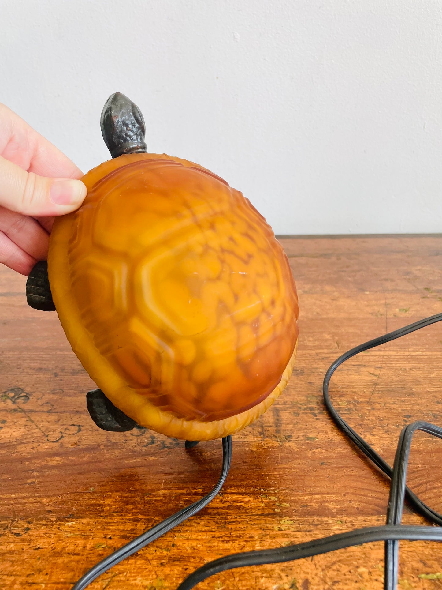 Vintage Cast Metal & Amber Glass Turtle Lamp - Tested / Works!