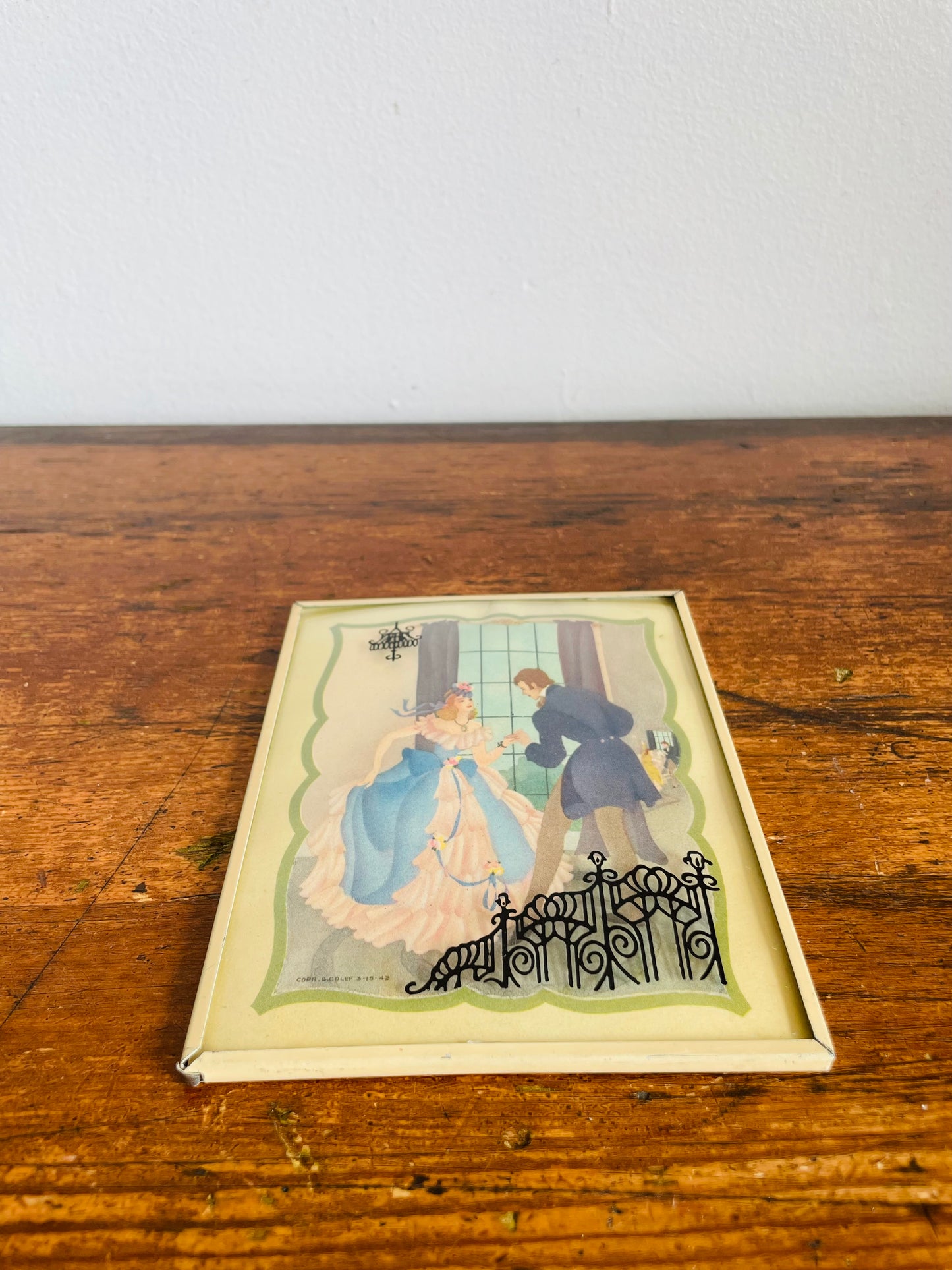 Mini Copr. S. Colef Reverse Painted Silhouette Lithograph Picture on Convex Bubble Glass - Courting Couple Greeting