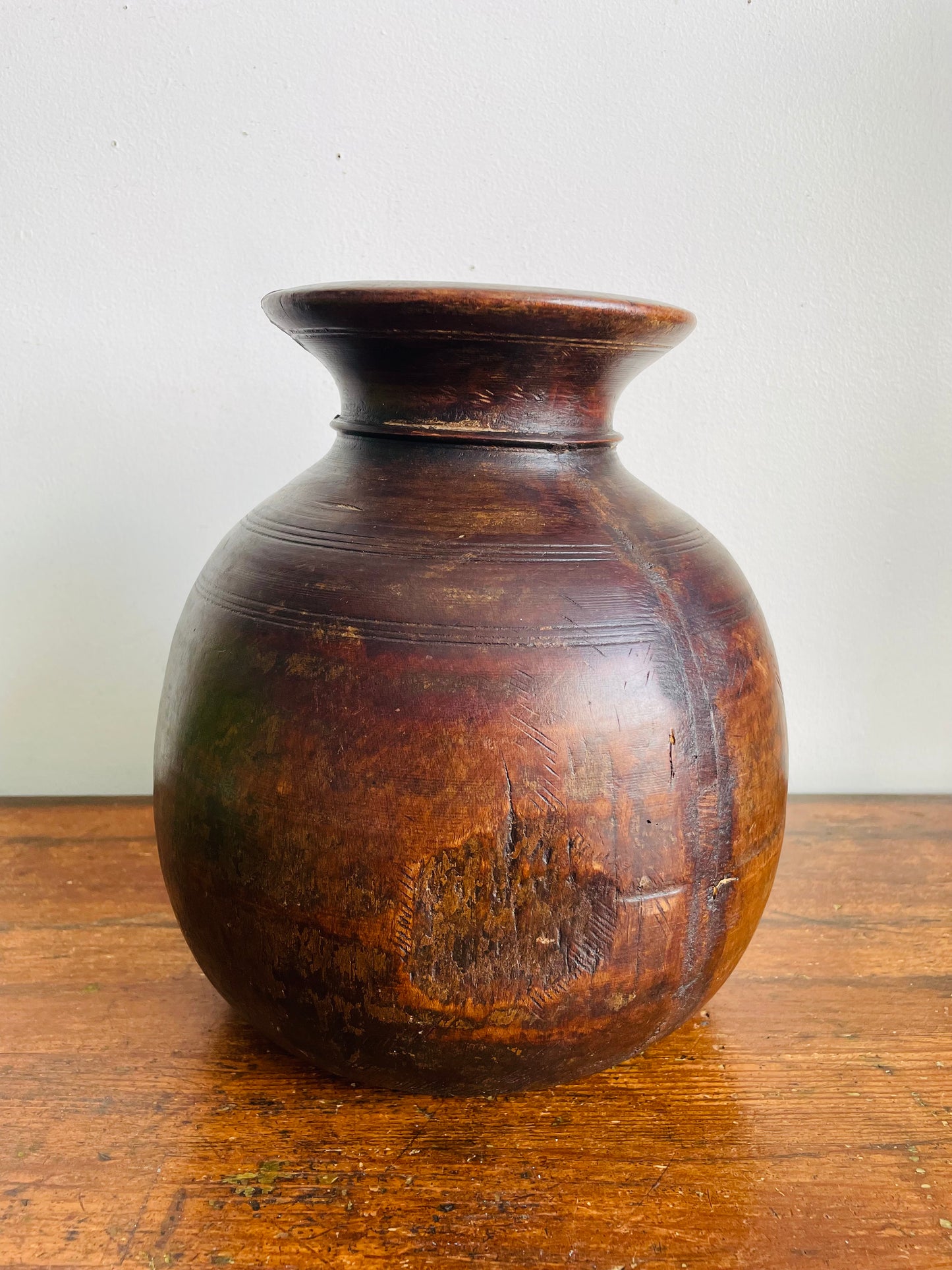Vintage / Possibly Antique Wood Himachal Pot Vase - Handcrafted & Carved from a Single Piece of Wood - Tribal Northern India - Himachal Pradesh Region - Originally Used to Store Water