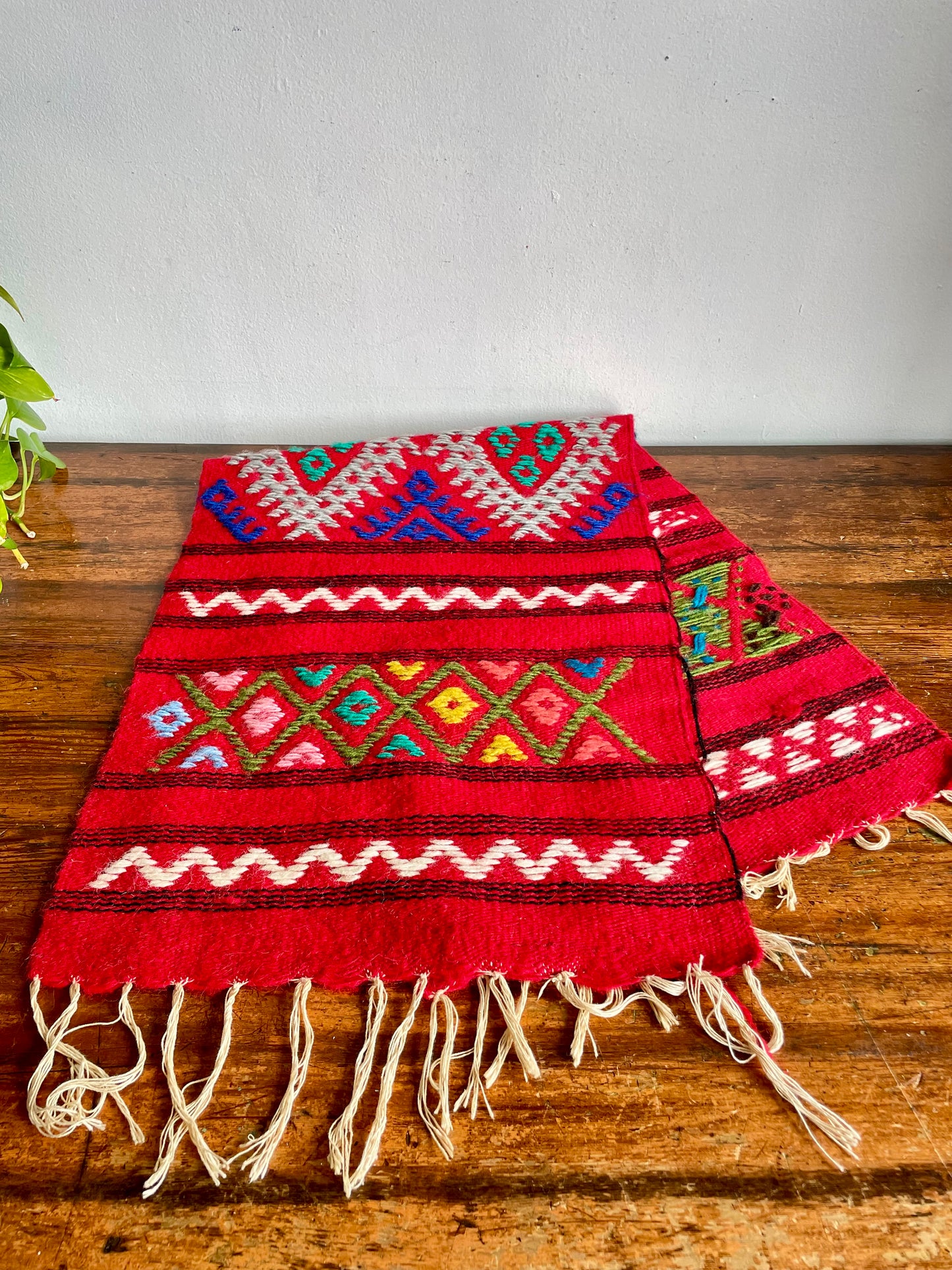 Vintage Hand Knotted Red Wool Table Runner or Narrow Rug with Brightly Coloured Geometric Pattern - 3.5 Feet Long