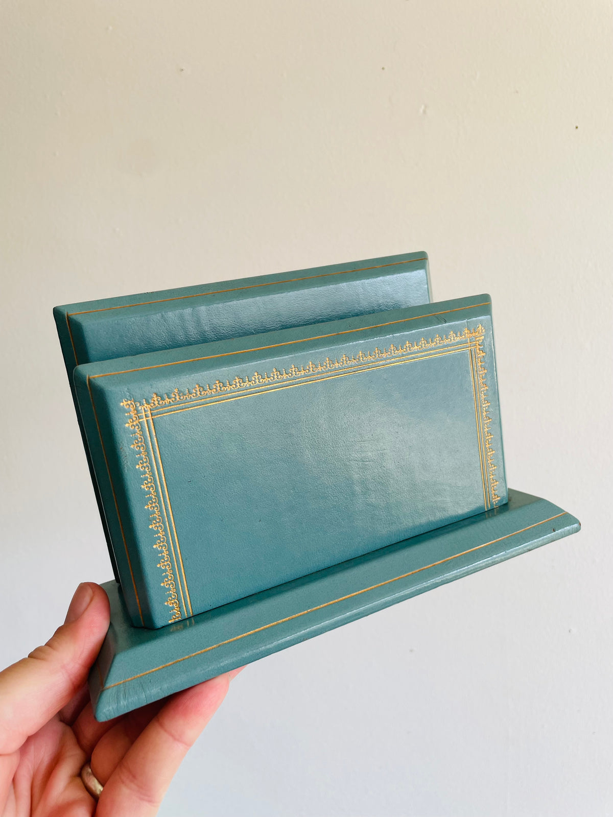 Vintage C.P. Leathercrafts New York Blue & Gold Leather Office Desk Organizer / Mail Letter Card Holder