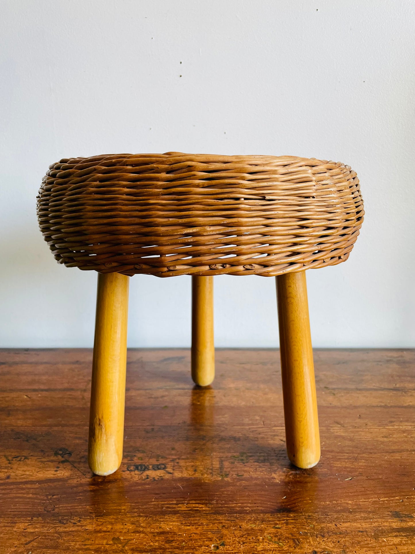 Vintage Mid-Century Modern Tony Paul Attributed Style Wood & Wicker Footrest Stool or Small Side Table with Tripod Spindle Legs
