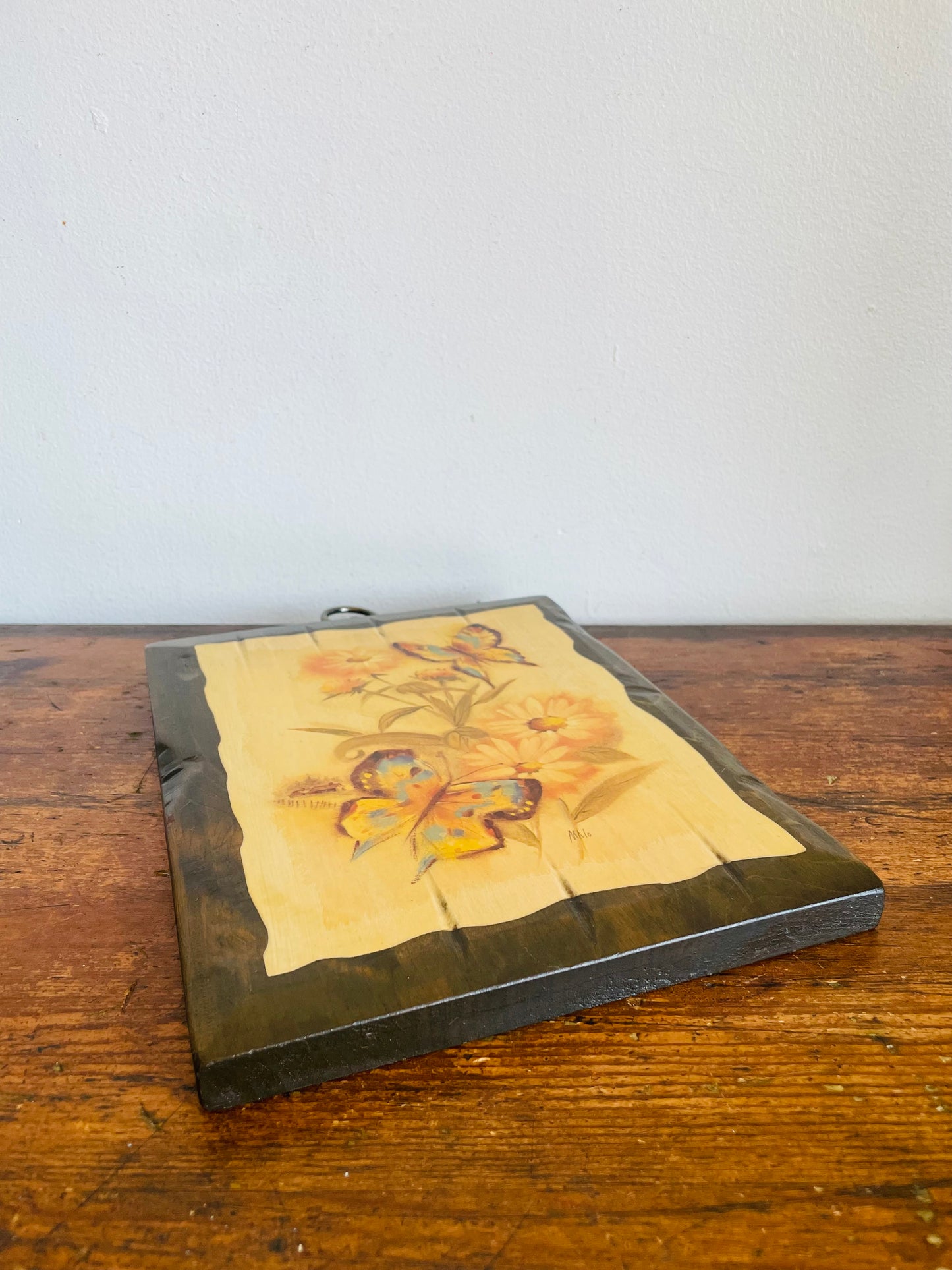 Vintage Wood Plaque Picture with Blue & Yellow Butterflies & Flowers