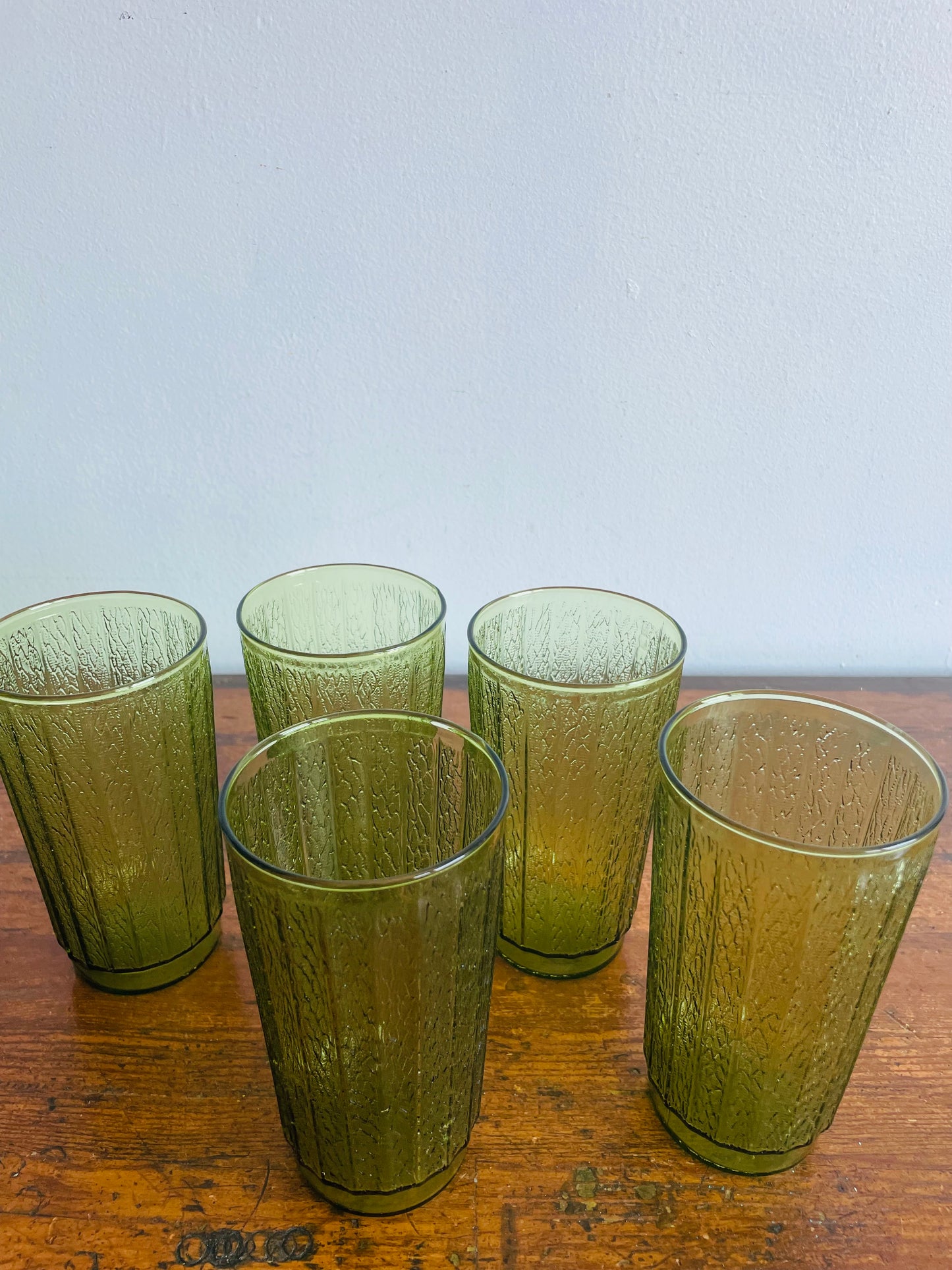 Anchor Hocking Sprucewood Green Reeded Glass Drink Tumblers - Set of 5 Glasses