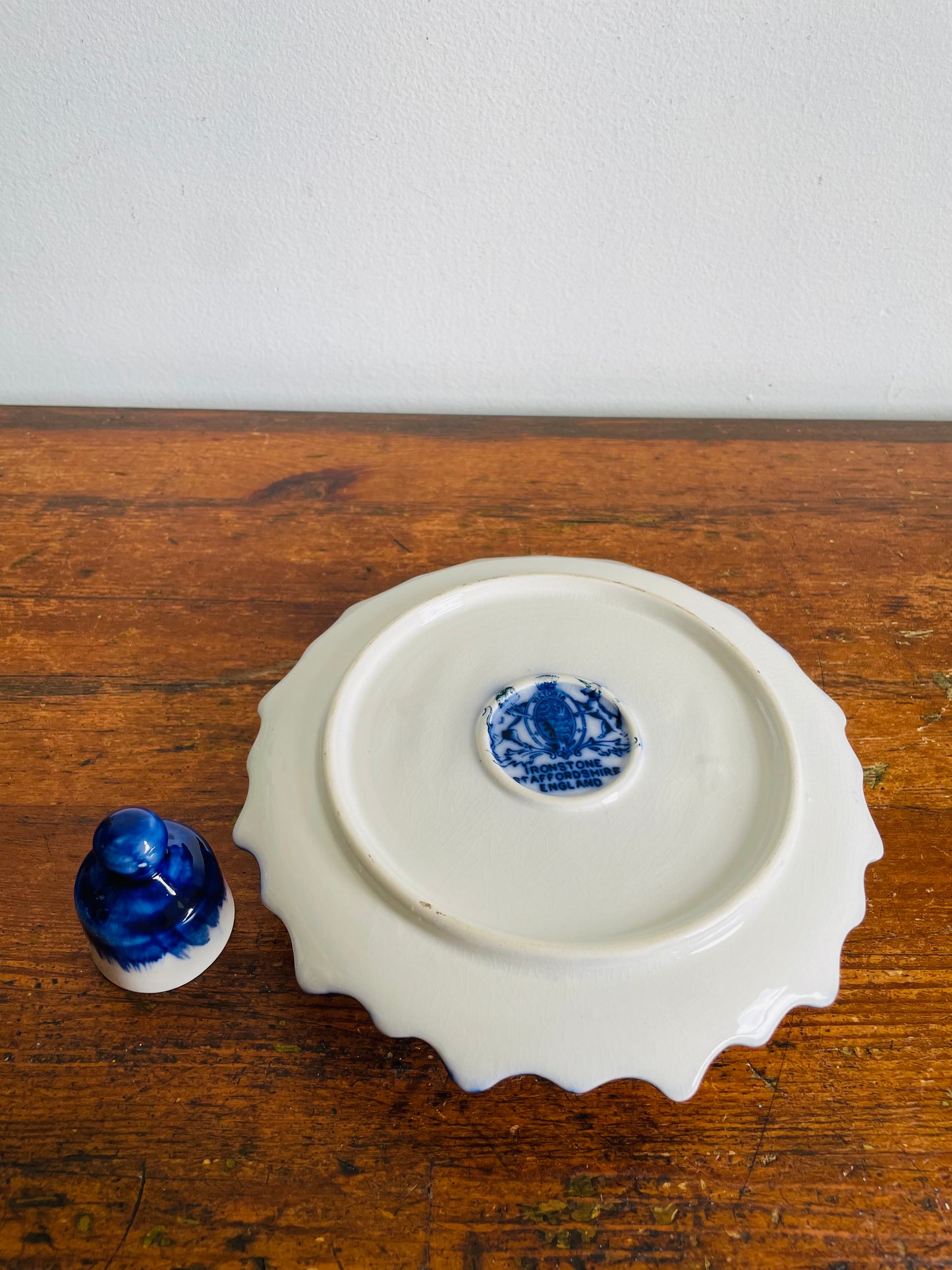 Vintage Staffordshire England Blue & White Ironstone Chamberstick Candle Holder with Snuffer
