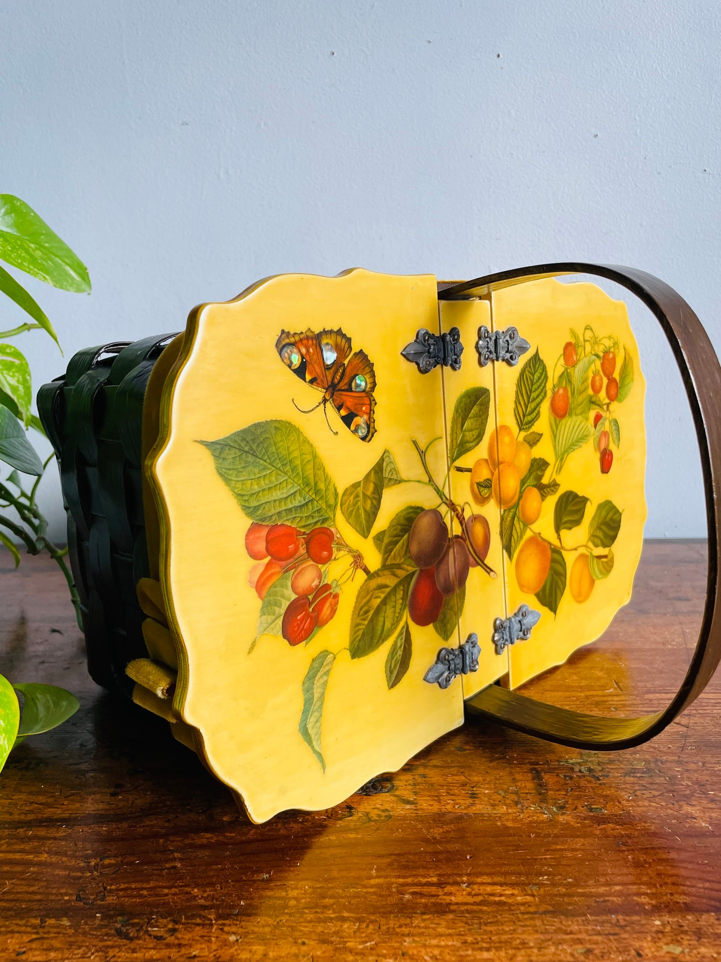 Vintage 1972 Wood Woven Decoupage Basket Purse or Storage Container with Botanical Fruit & Butterfly Design - Artist Signed - Angie 9/72
