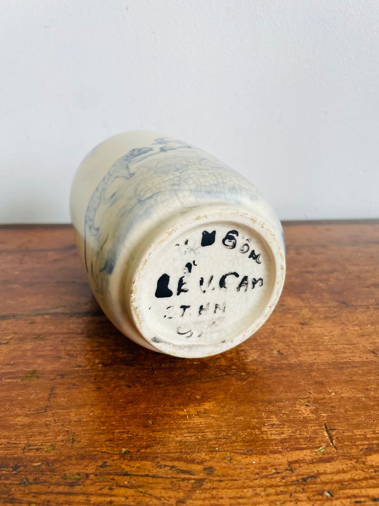 Vintage Hand Painted Blue & White Chinese Vase with Ox, Tiger & Bamboo Design