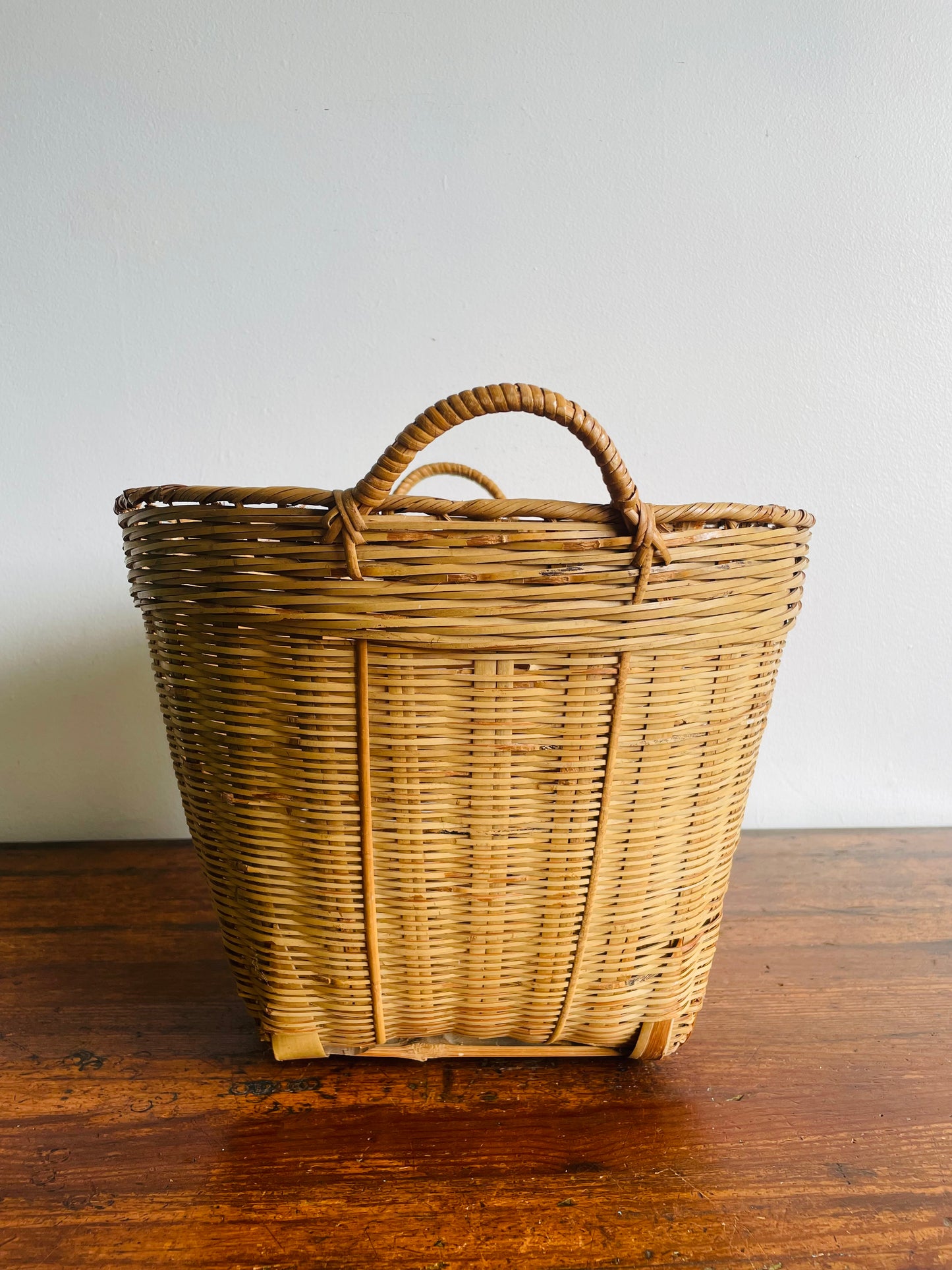 Large Wicker & Bamboo Square Base Basket with Handles - Makes a Great Plant Holder!