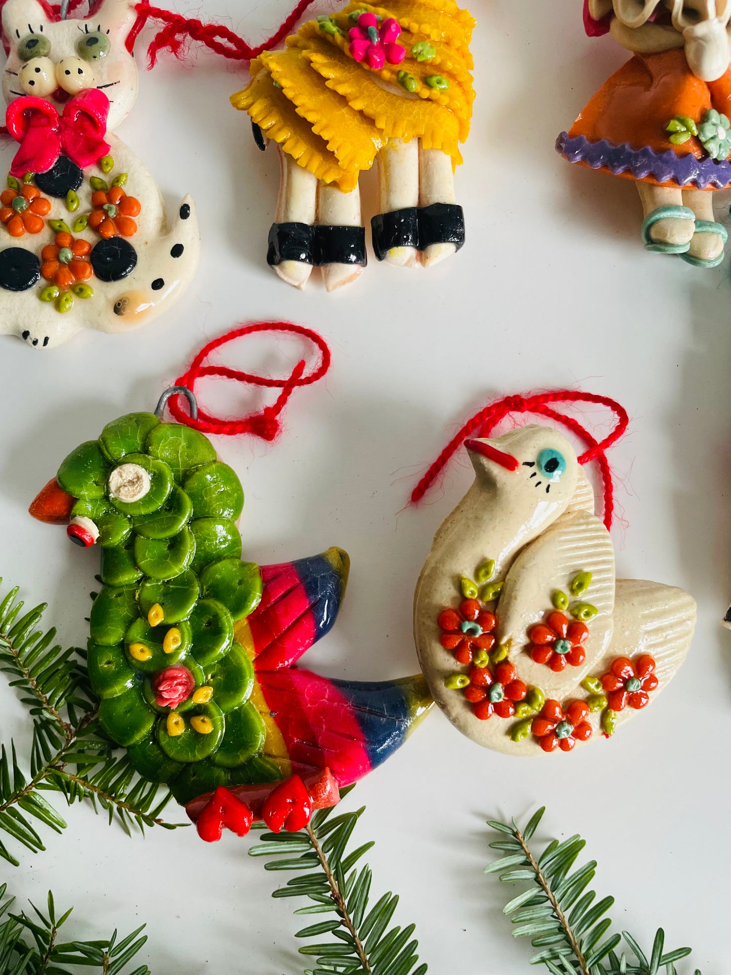 Handmade Salt Dough Folk Ornaments - People, Cat, Dove, Sheep, Parrot - Set of 6