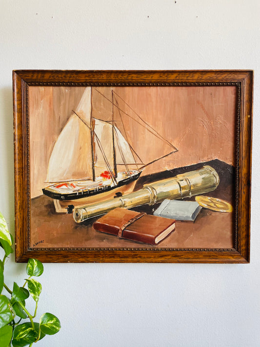 Vintage 1961 Original Art Nautical Still Life Painting Picture of Ship Captain Equipment - Artist Signed Anne Davies from Moncton, New Brunswick