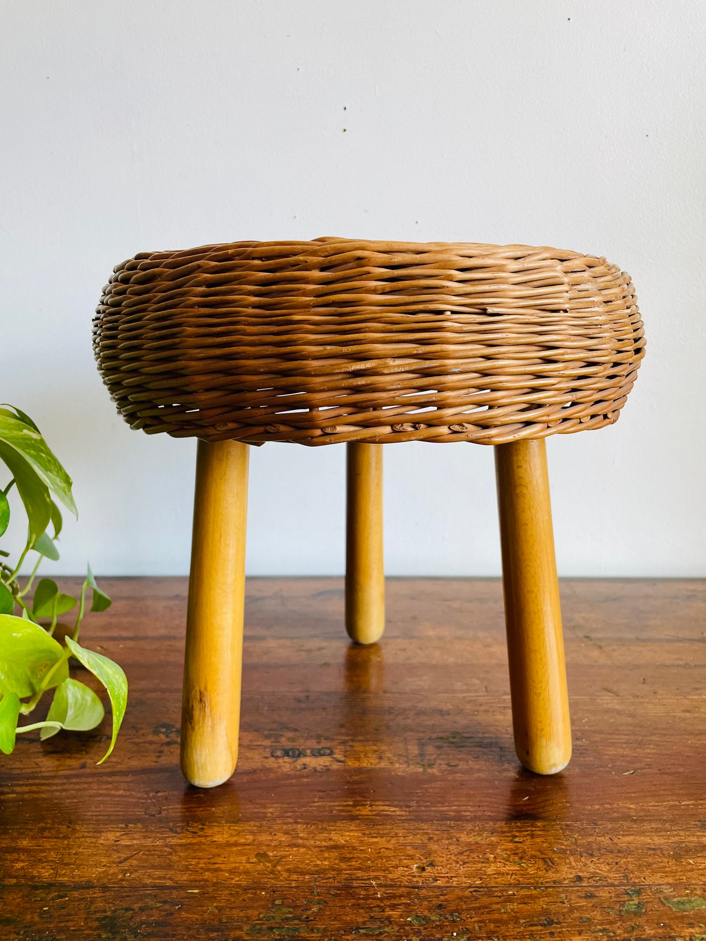 Vintage Mid-Century Modern Tony Paul Attributed Style Wood & Wicker Footrest Stool or Small Side Table with Tripod Spindle Legs