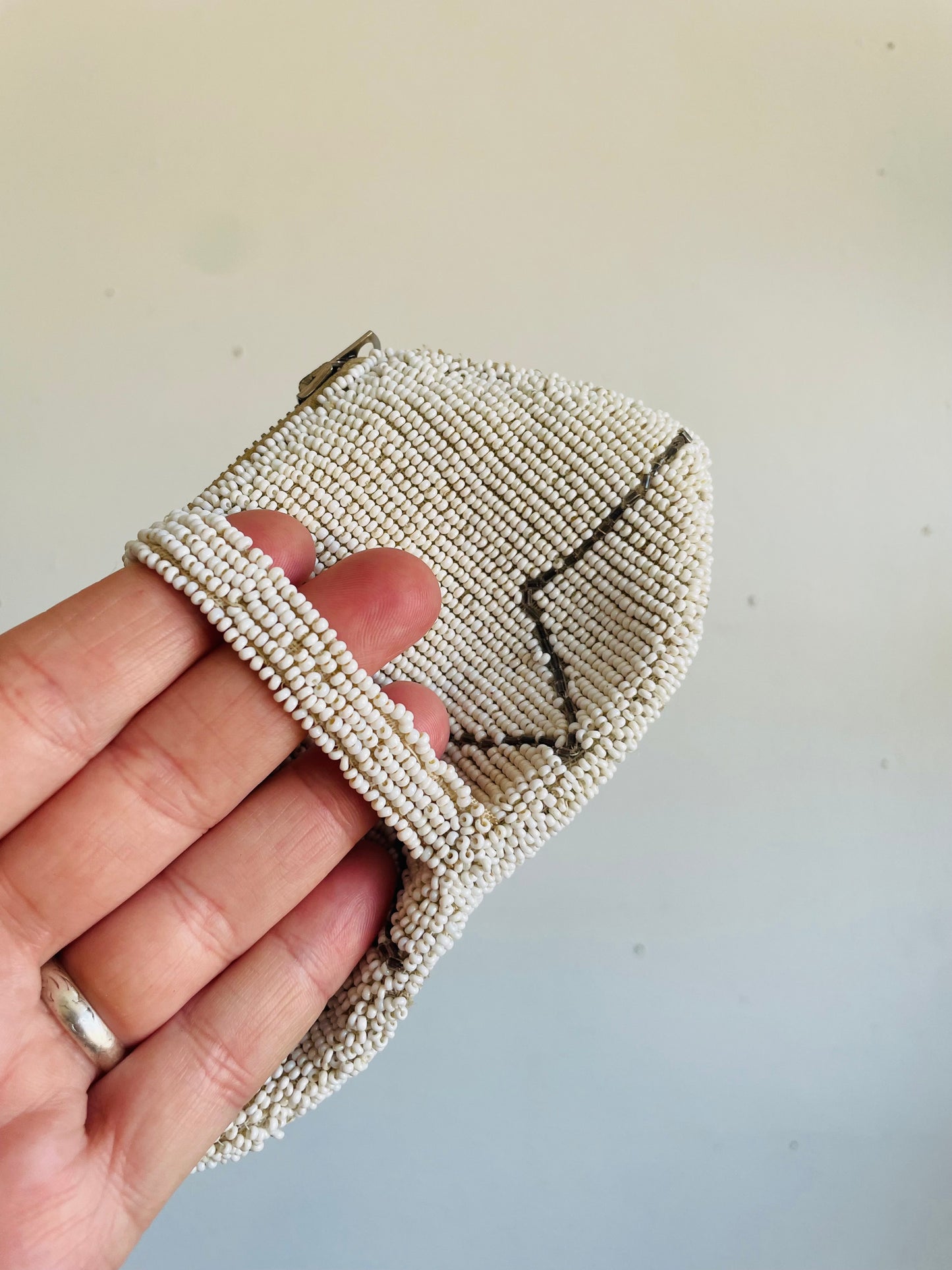 Vintage White & Silver Hand Beaded Zippered Pouch Clutch Wallet with Hand or Belt Hook Holding Strap - French Language Writing on Zipper