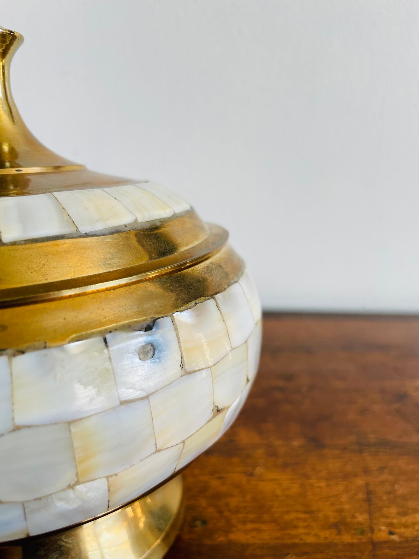 Beautiful Brass Pedestal Bowl with Lid & Inlaid Mother of Pearl Tiles