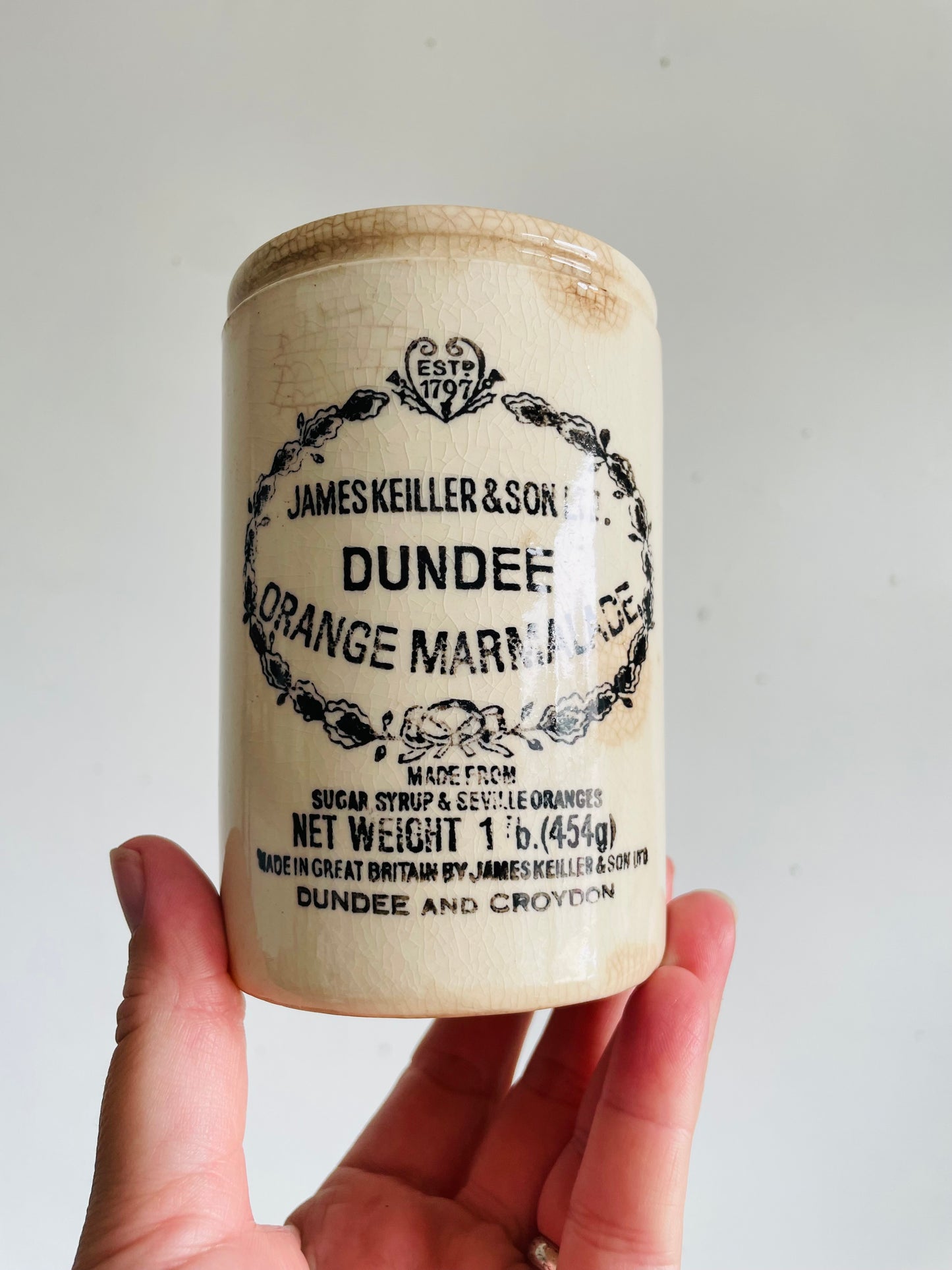 Antique Vintage James Keiller & Son Ltd. Dundee Orange Marmalade Scottish Stoneware Crock - From Between 1875-1928