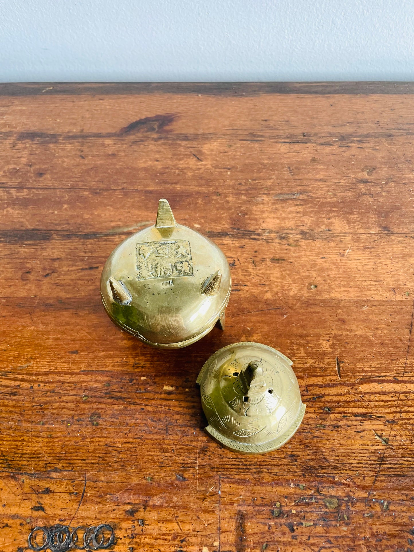 Chinese Etched Brass Footed Incense Burner with Lid & Handles