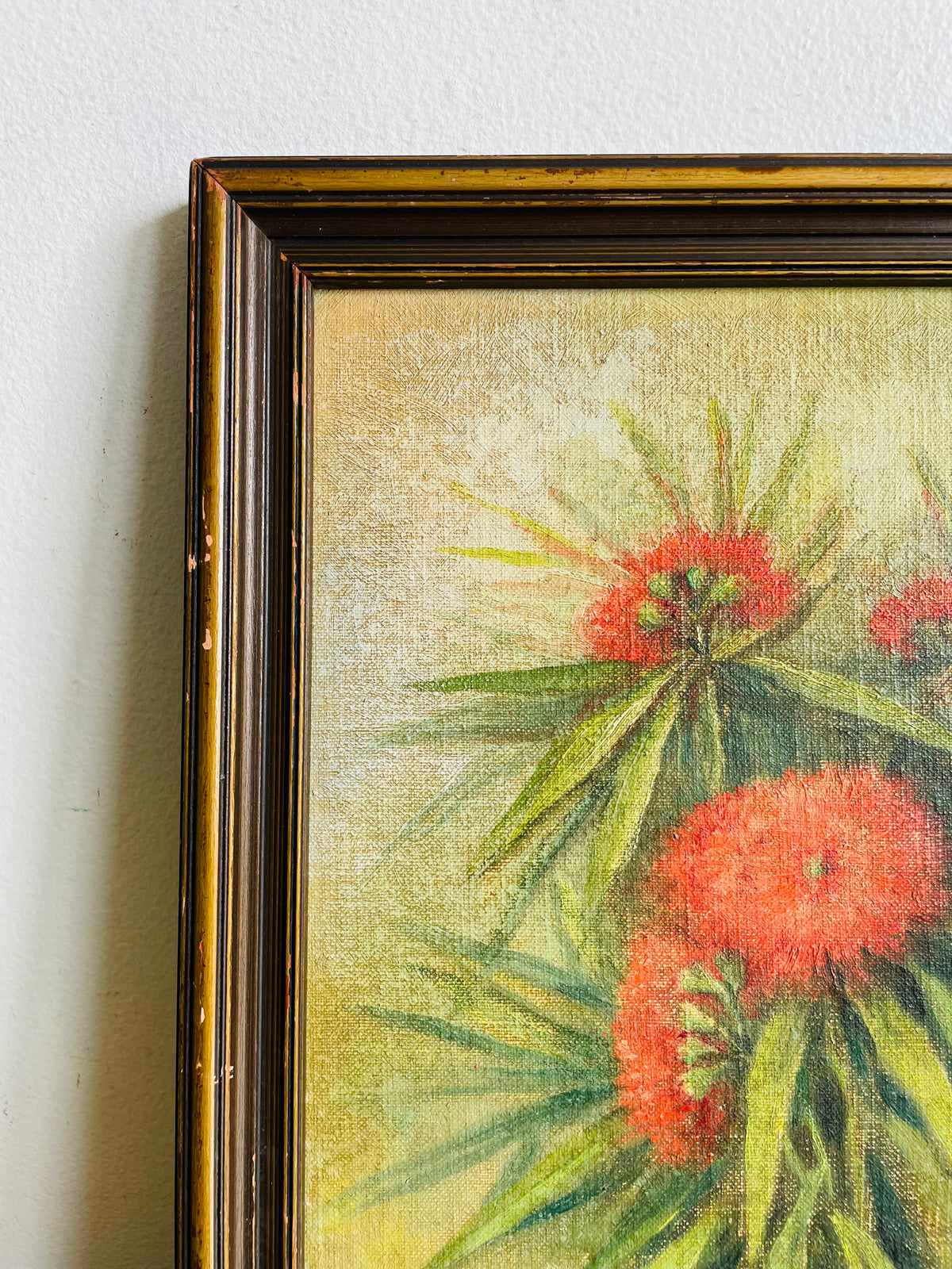 Vintage Very Old Original Art Painting of Red Flowers Among Green Foliage in Dark & Moody Colours - Artist Signed