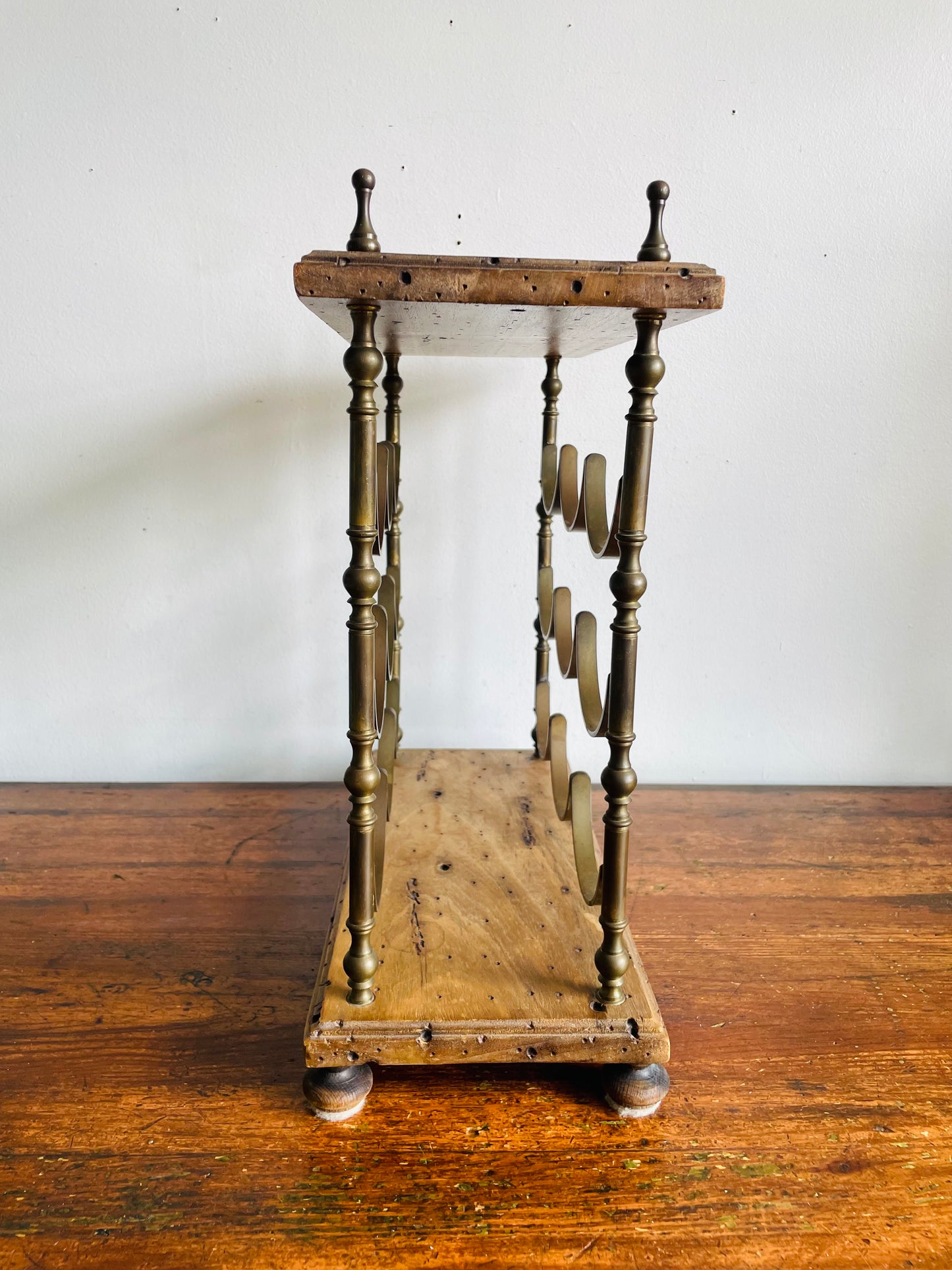 Vintage Italian Sturdy Wood & Solid Brass Footed Tabletop Wine Bottle Holder - Holds 9 Bottles - Made in Italy