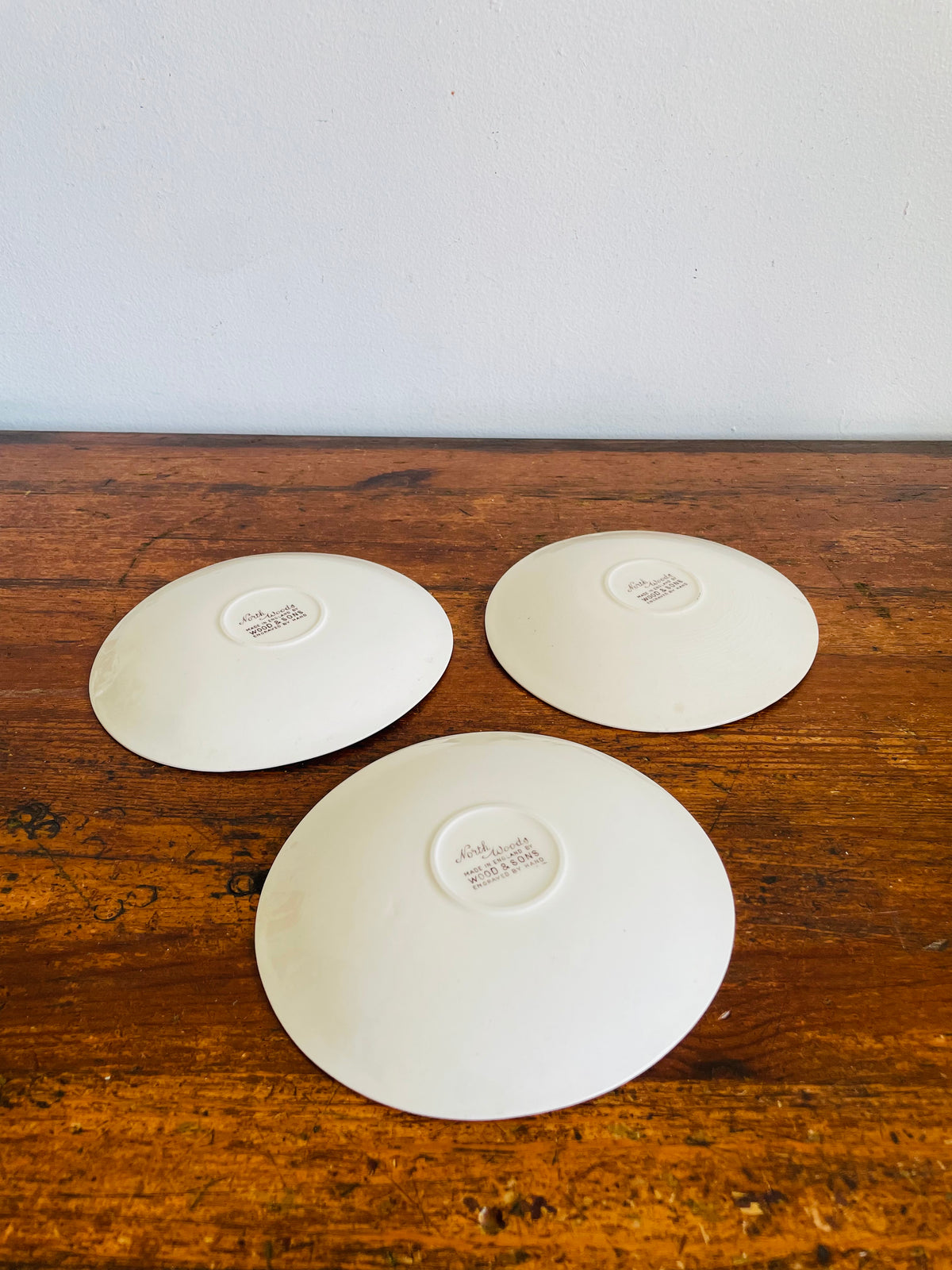 Vintage Wood & Sons "North Woods" Pattern Saucer Plates with Pinecone Design - Engraved by Hand - Made in England - Set of 3