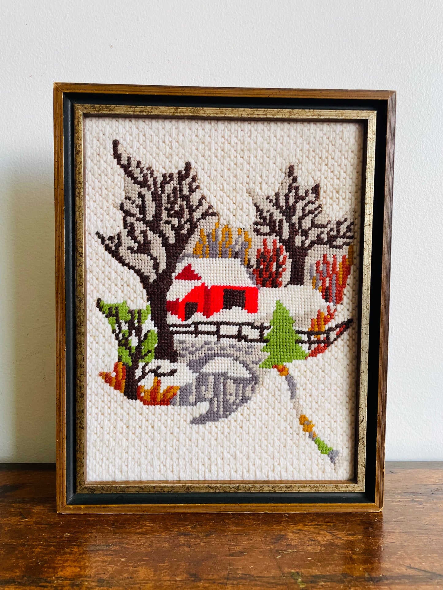 Cozy Red Cabin & Covered Bridge Embroidery Picture