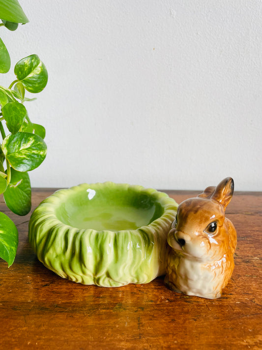 Vintage Goebel West Germany Adorable Brown Bunny Rabbit with Green Cabbage Trinket Jewellery Bowl Dish