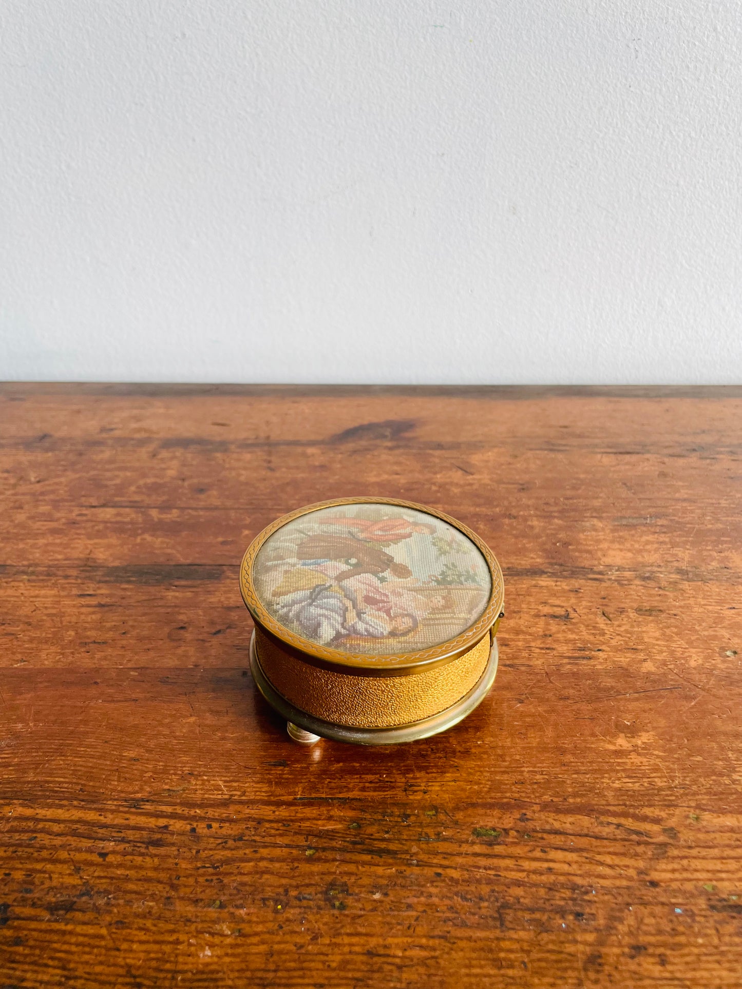 Footed Petit Point Embroidery Round Brass Trinket or Jewellery Box with Mirror Inside