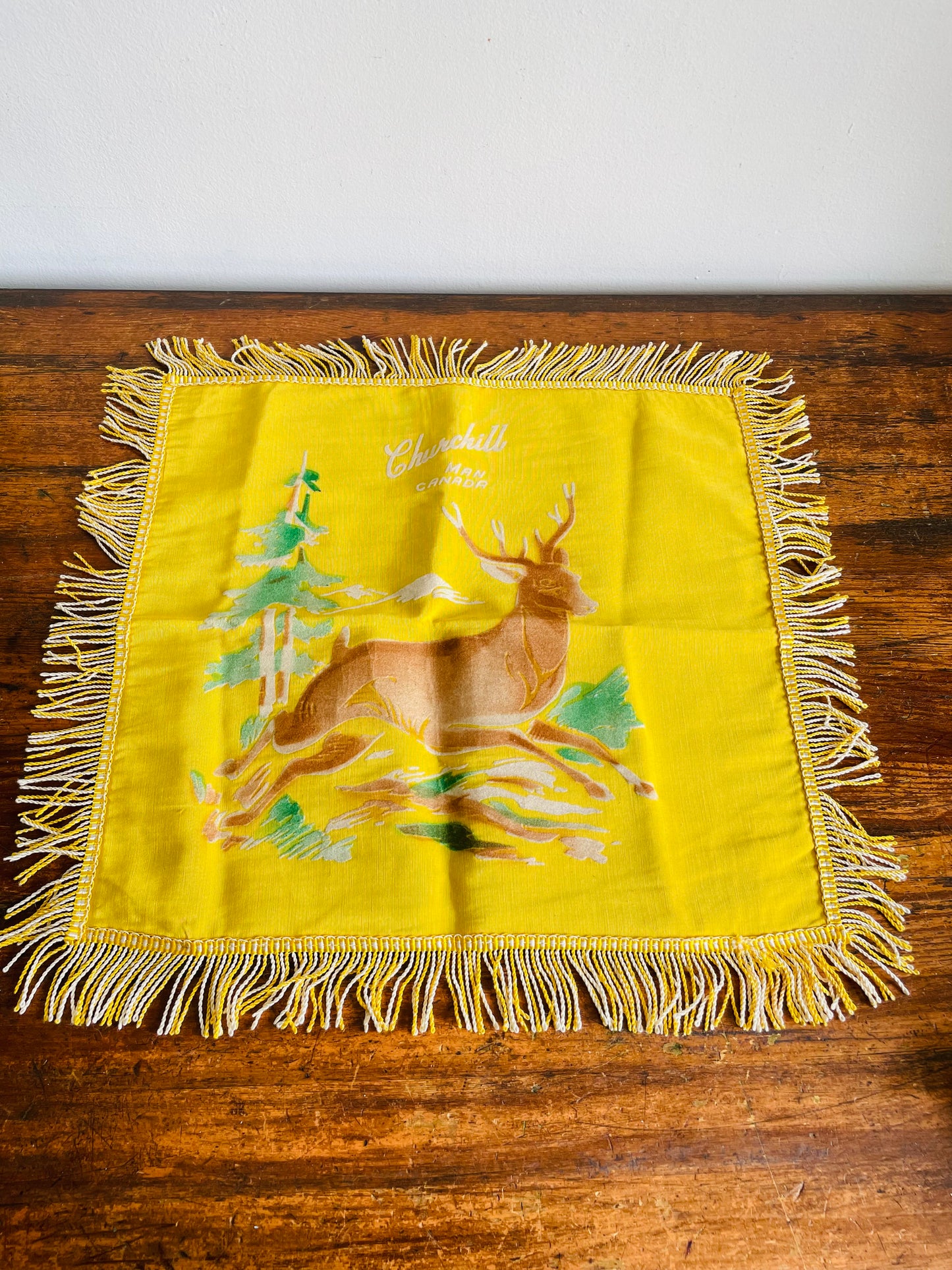 Vintage 1940s WW2 Churchill Manitoba Canada Navy Blue & Yellow Souvenir Throw Pillow Cushion Cover with Velvet Deer in Forest Design & Fringe - Pillowcase Only