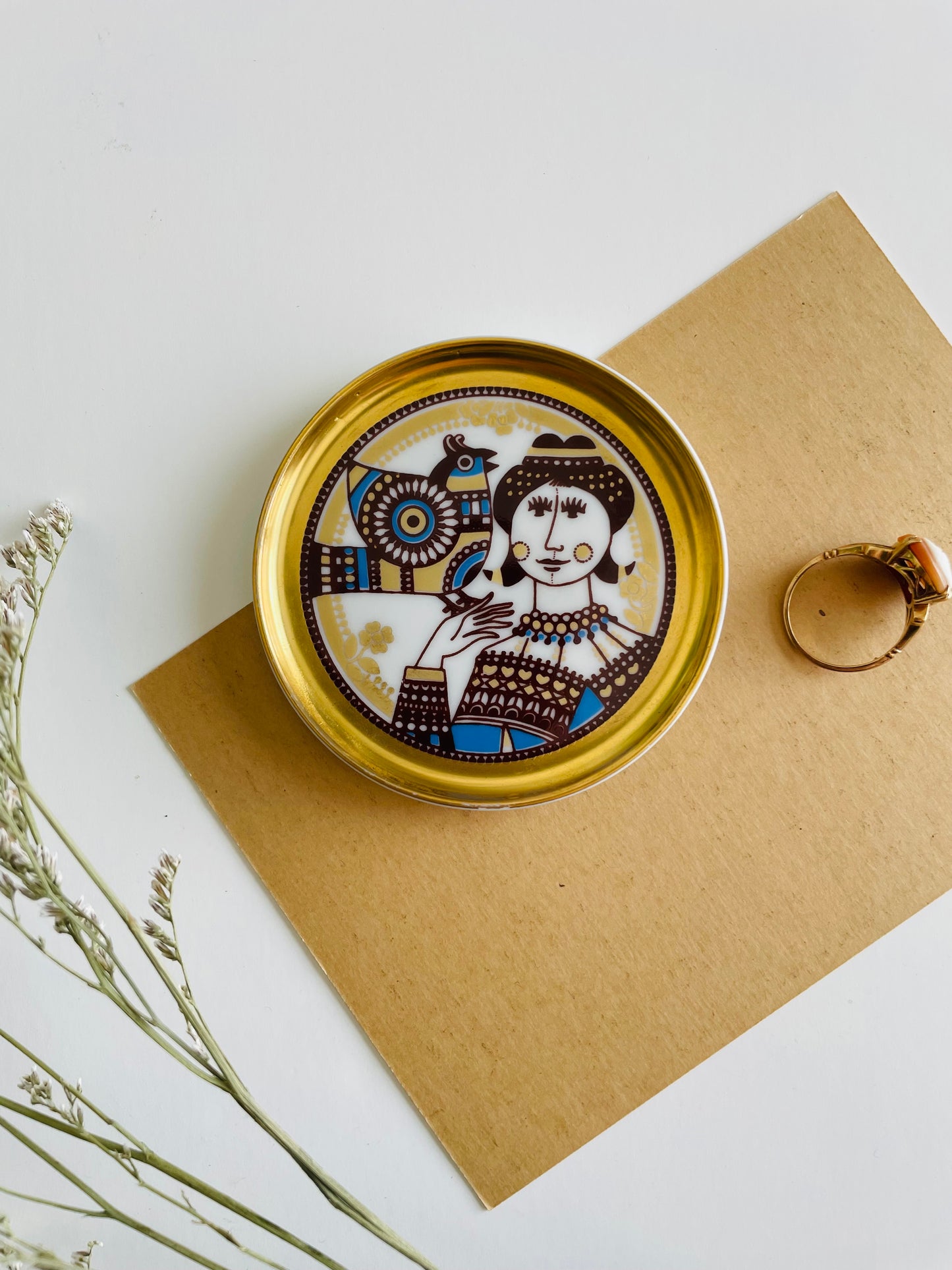 Vintage Maastricht Mosa of Holland Miniature Porcelain Gold, Brown & Blue Plate with Woman & Bird Design - Ring Dish / Butter Pat / Jewellery - Franklin Mint Miniature Plates of the World Collection