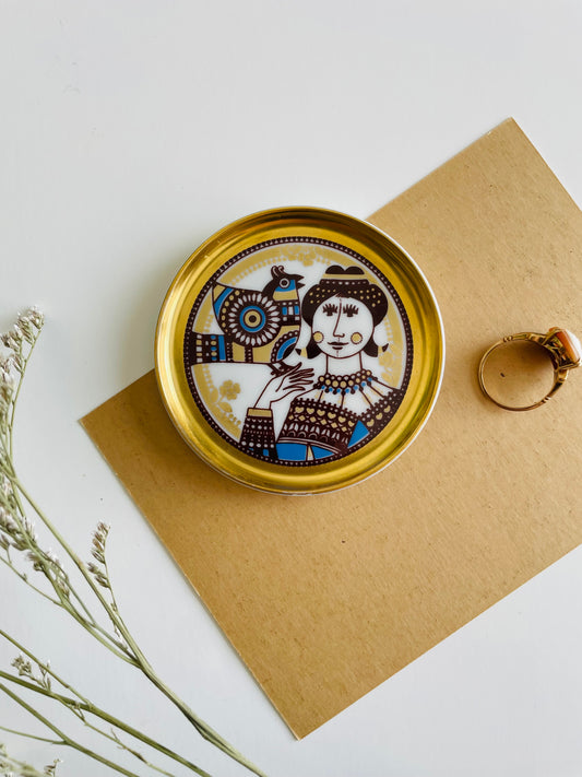 Vintage Maastricht Mosa of Holland Miniature Porcelain Gold, Brown & Blue Plate with Woman & Bird Design - Ring Dish / Butter Pat / Jewellery - Franklin Mint Miniature Plates of the World Collection