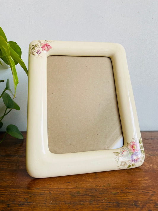 Vintage 1982 Ceramic Cream & Floral Rounded Picture Frame with Easel Backing - Terragrafics - Made in Taiwan