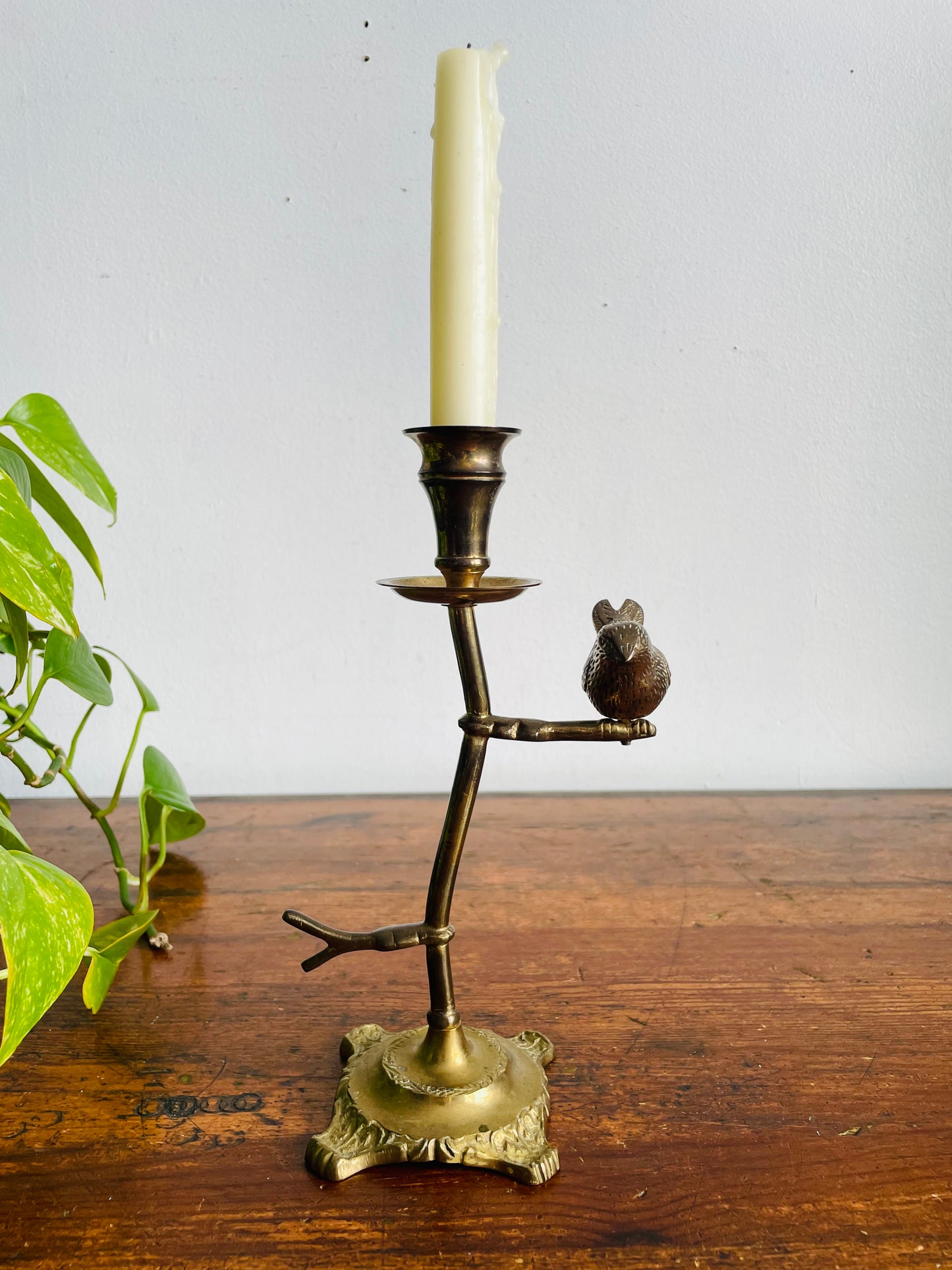 Vintage Solid & Heavy Brass Candle Holder with Branches & Perched Bird on Ornate Footed Base