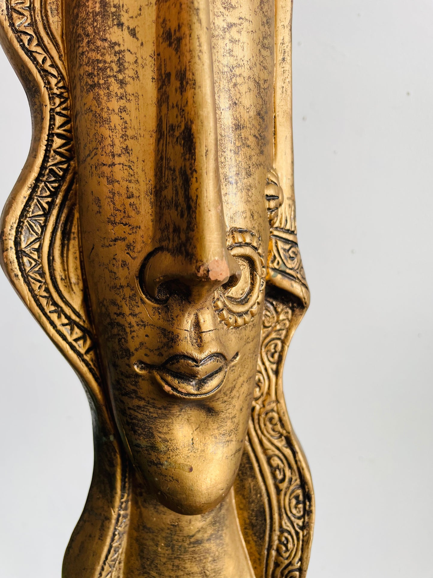 Vintage Stunning Long & Narrow Terracotta Clay Painted Gold Wall Hanging Face Sculpture - No Shipping