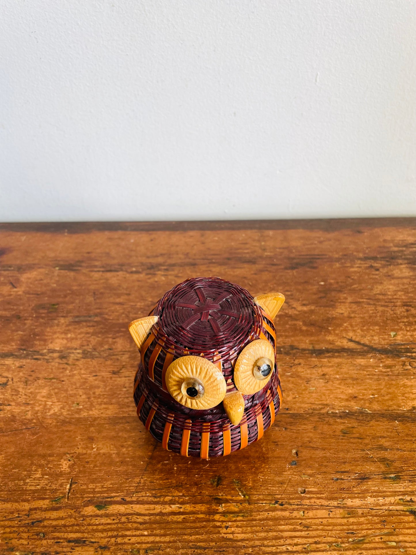 Vintage Mid-Century Modern Woven Wicker Wood Owl Basket Box Container with Lid