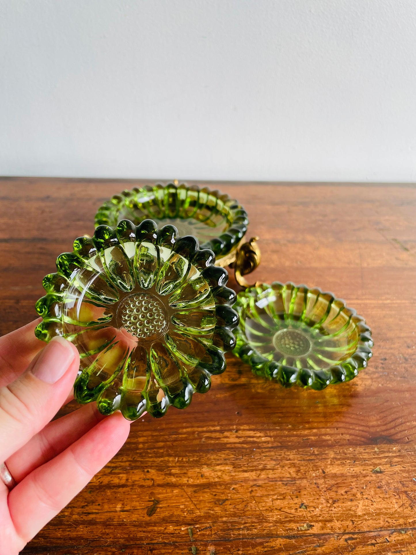 Hazel Atlas Green Glass Nesting Flower Ashtrays or Trinket Dishes in Solid Brass Holder - Set of 4 Pieces