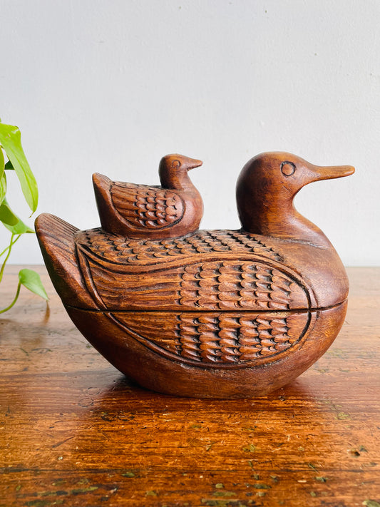 Vintage Hand Carved Folk Art Wood Duck Keepsake Box - Mother Duck with Baby Duckling on Back - Opens Up with Storage Compartment Inside!