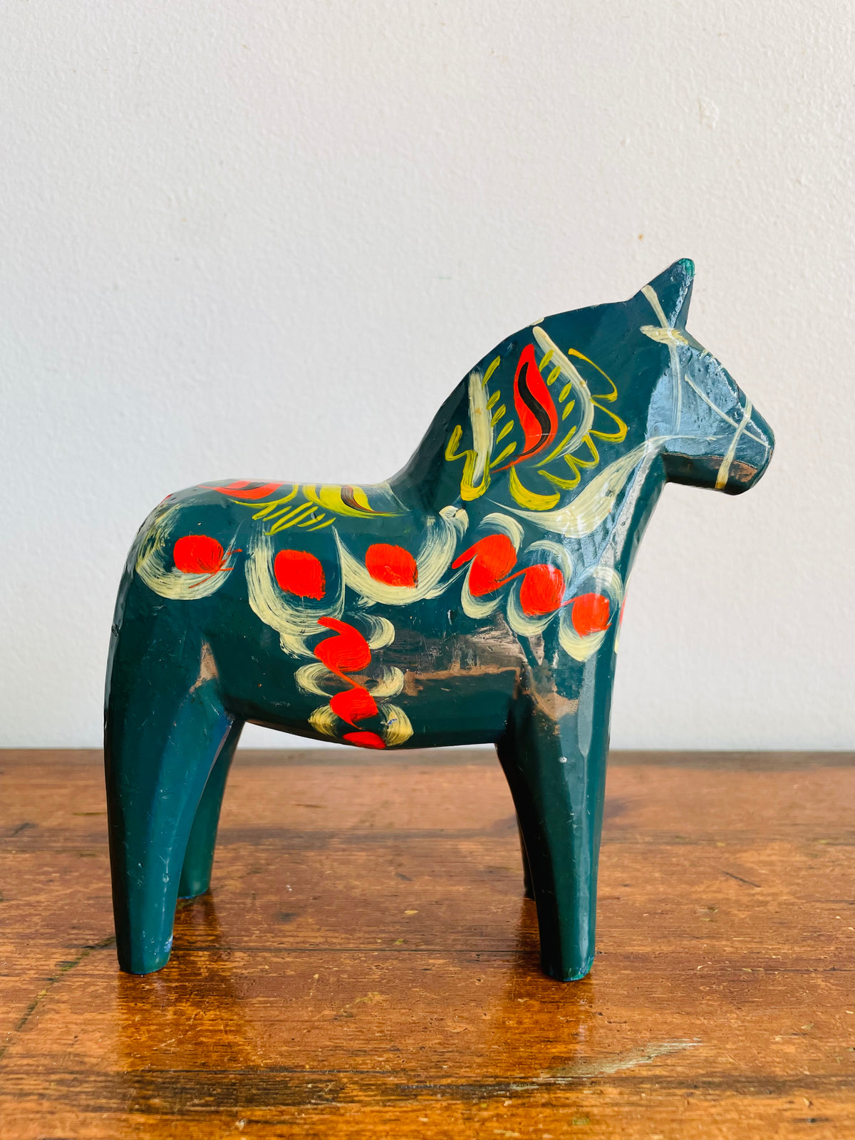 Vintage Swedish Painted Blue & Red Wood Dala Horse Figurine - Nils Olsson Scandinavian Folk Art