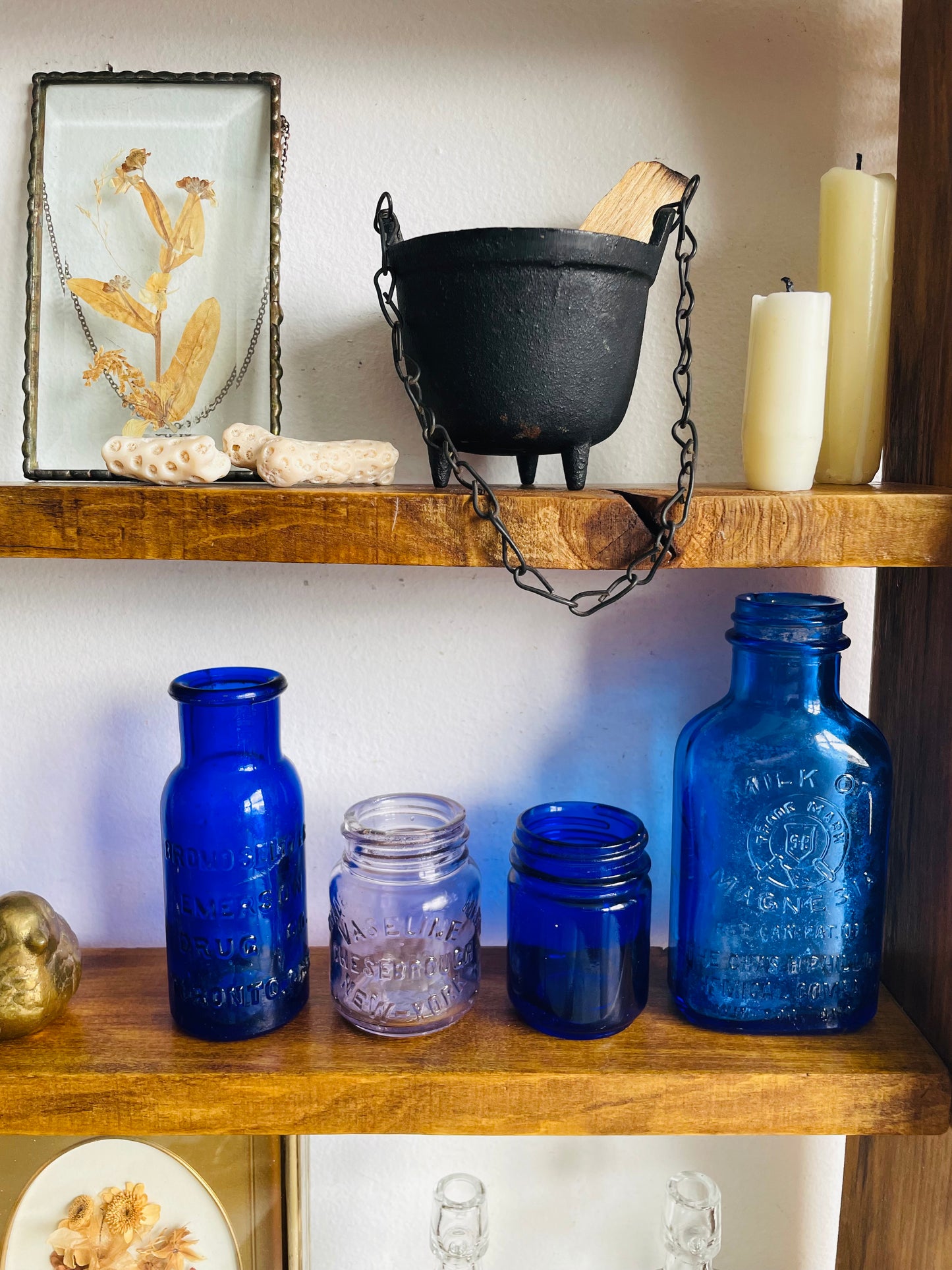 Instant Collection of Cobalt Blue & Clear Medicinal Glass Bottles - Set of 4 - Milk of Magnesia, Bromoseltzer, Vaseline & Vicks