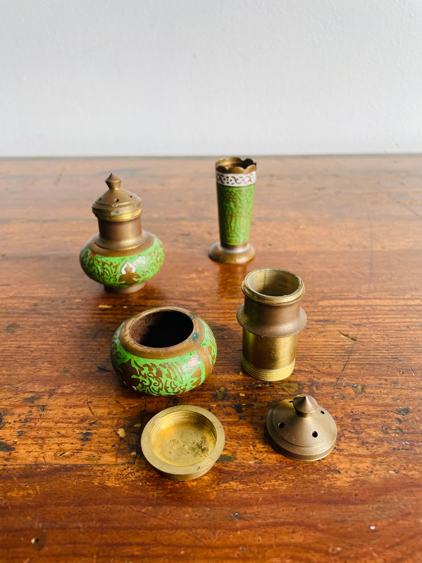 Brass & Enamel Table Set - Salt Shaker, Pepper Shaker, Toothpick Holder & Tray - Set of 4 Pieces