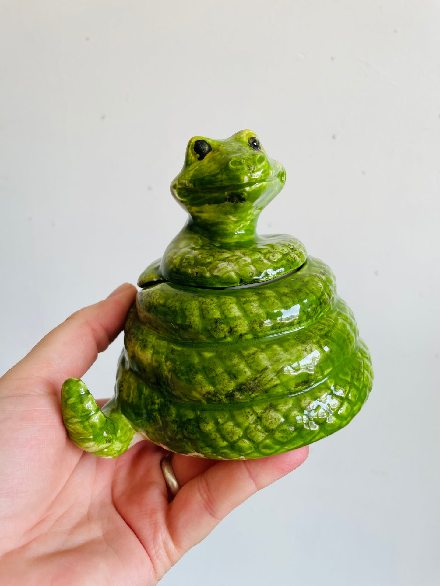 Adorable Hand Painted Green Ceramic Coiled Snake Jar with Lid