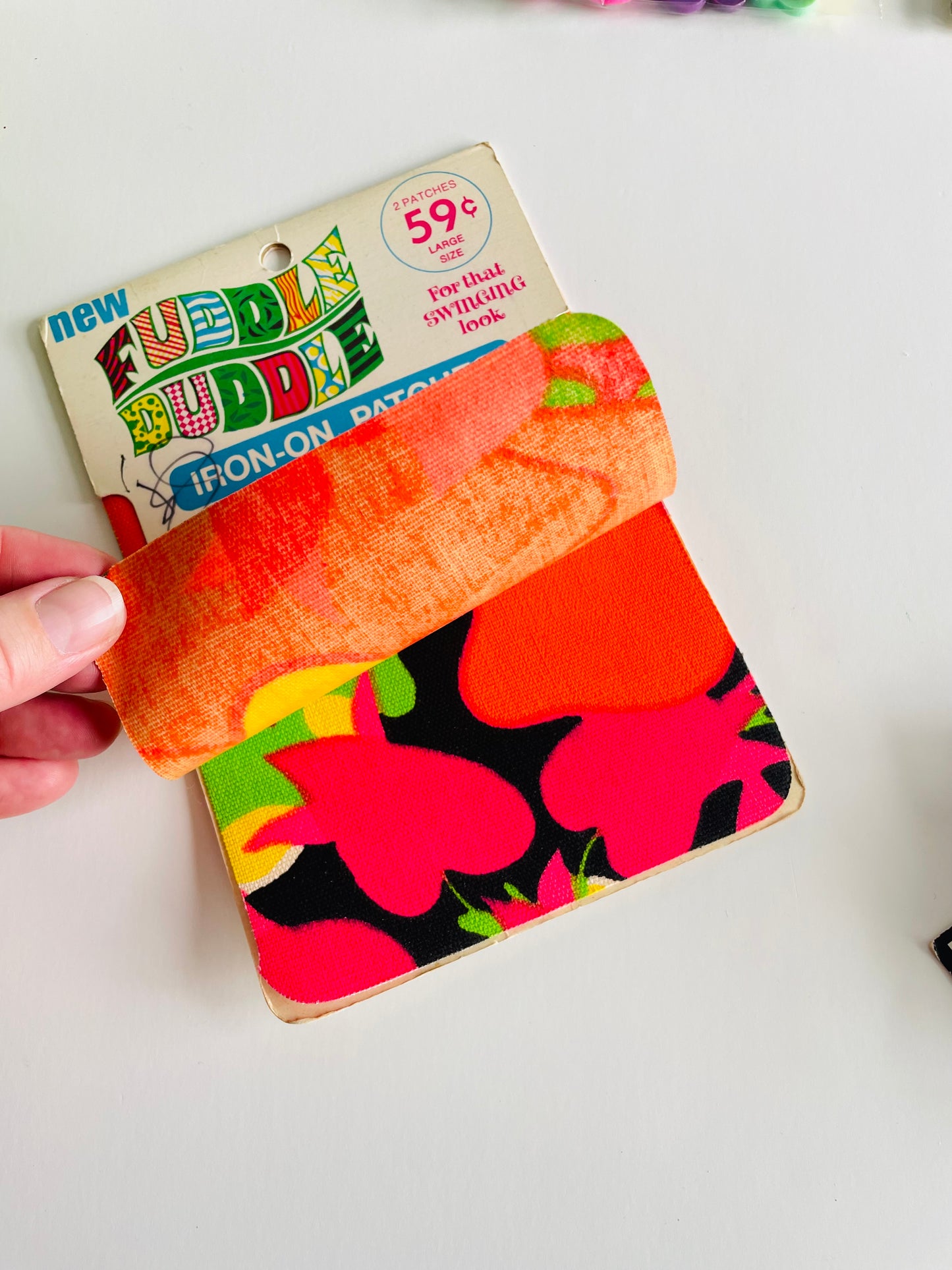 Vintage Groovy Sewing Notions Bundle - Peace, Flower Power, Butterfly, Stars & Shapes Buttons - Fuddle Duddle Floral Iron-On Patches - Rainbow Rick Rack - Bright & Fun!