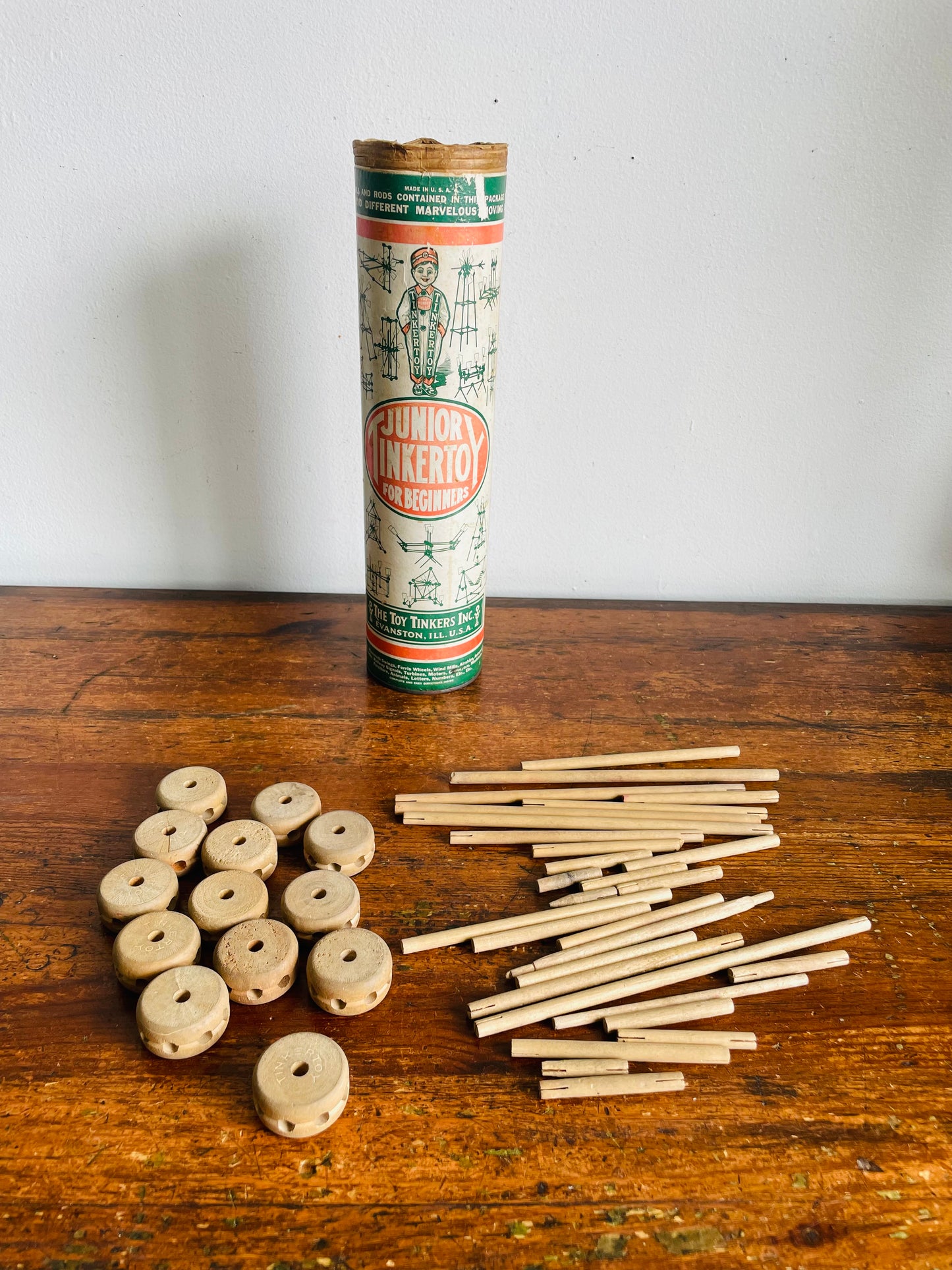 Vintage Junior Tinkertoy for Beginners Green Label Canister with Wood Building Blocks - Includes 42 Pieces