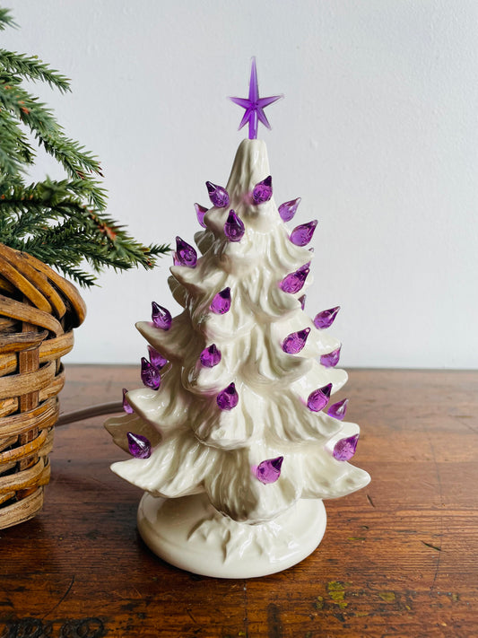 Miniature White Ceramic Light Up Christmas Tree with Purple Bulbs & Star (2005)