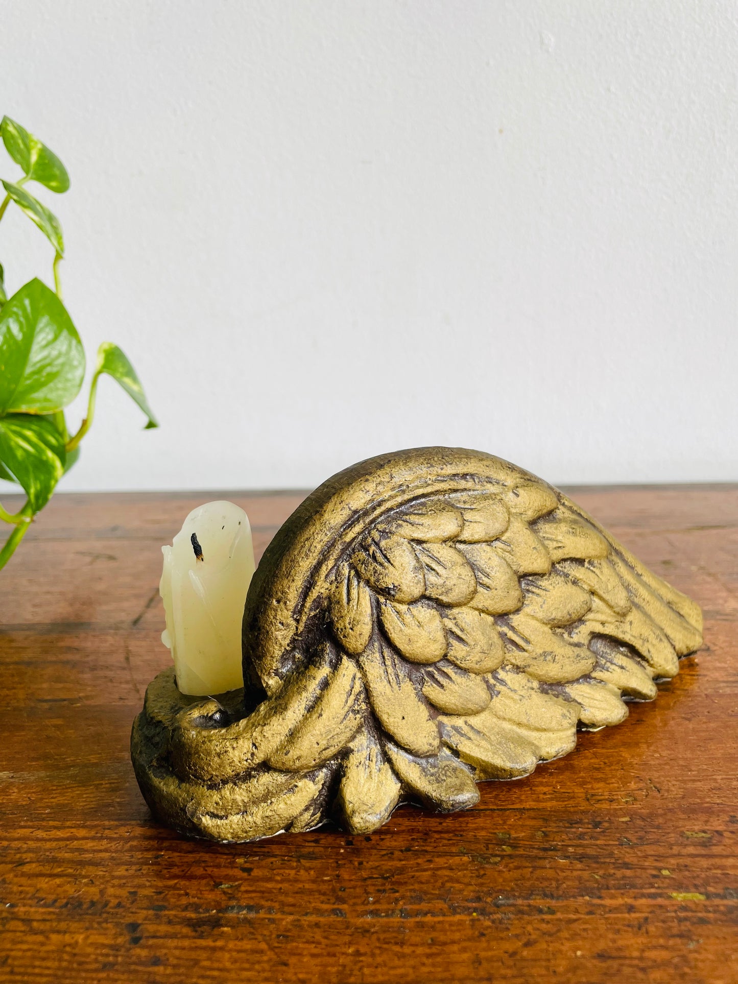 Vintage Solid & Heavy Gold Cast Iron Angel Wing Candle Holder