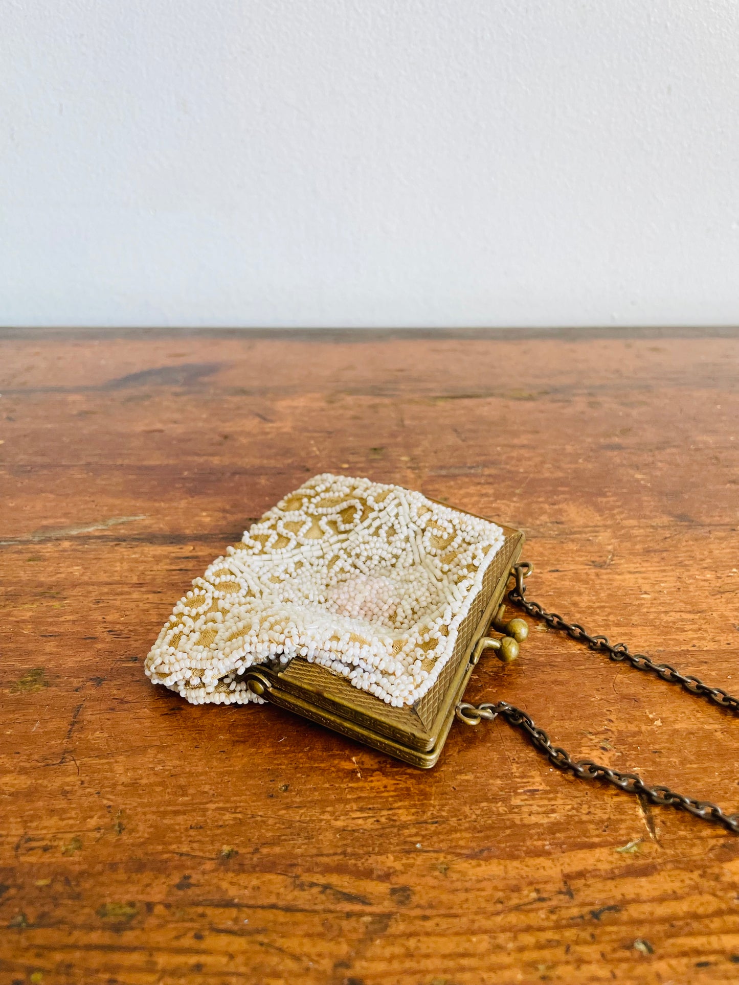 Antique Delicate & Dainty Hand Beaded Tiny Pouch Purse on Brass Chain