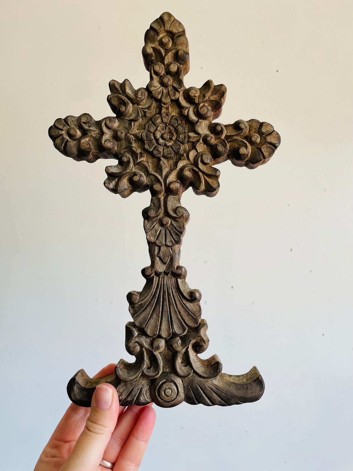 Vintage Carved Wood Wall Hanging Cross with Ornate Floral Design