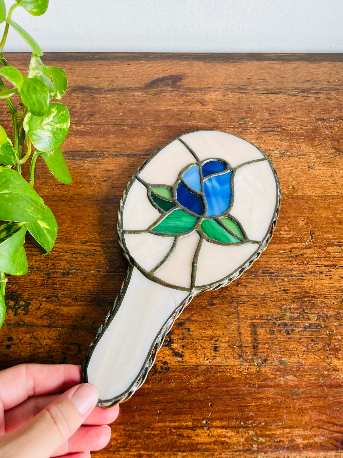 Vintage Stained Glass Handheld Mirror with Blue Rose Flower Design