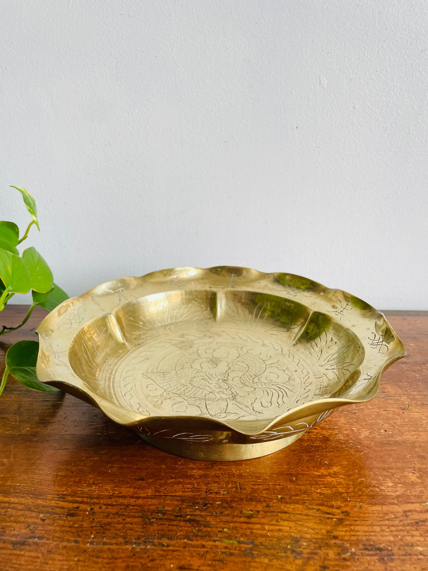 Vintage Solid Chinese Brass Footed Bowl with Etched Dragon Design
