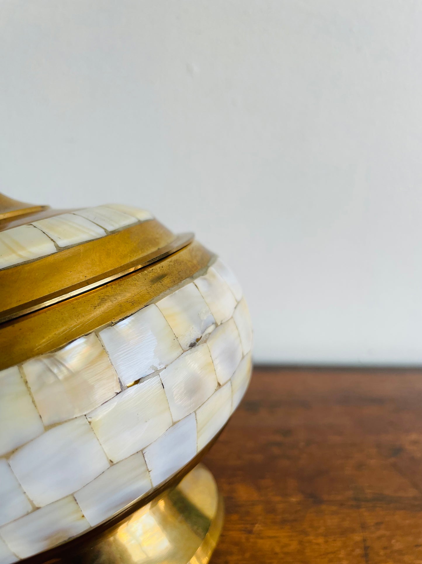 Beautiful Brass Pedestal Bowl with Lid & Inlaid Mother of Pearl Tiles